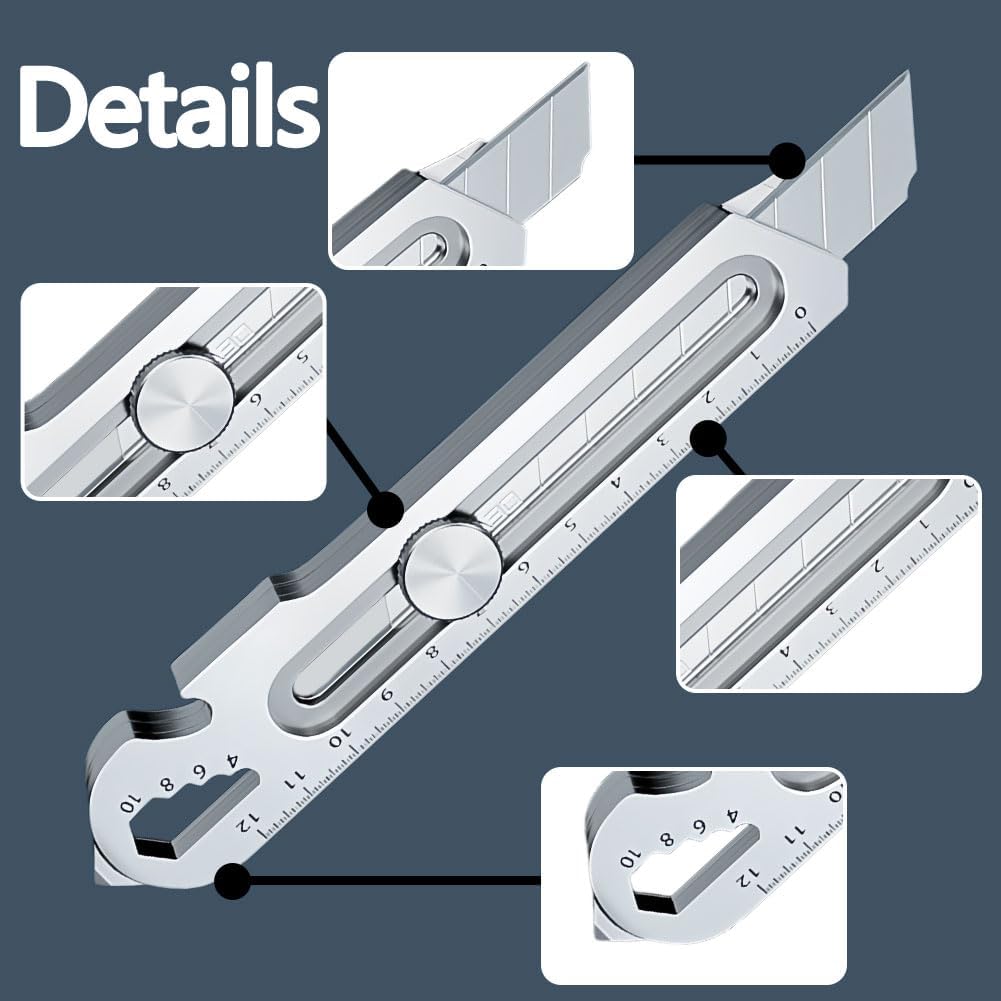 Cutter Professionnel Rétractable en Acier Inox, 2024 Couteau utilitaire polyvalent et robuste avec 10 Lame Cutter(18 mm),cutter de précision pour Bureau, Maison, École — vue 6