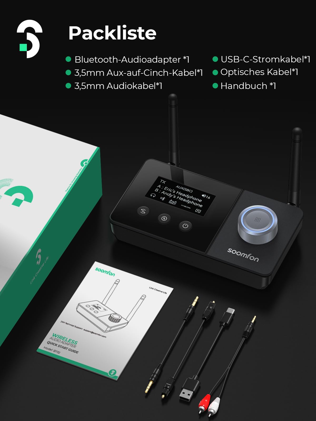 SOOMFON Bluetooth 5.3 Sender Empfänger mit Doppelantenne, 3-in-1 BT Audio Adapter für 2 Kopfhörer, Bluetooth Transmitter Receiver für TV/Stereoanlage, mit Bildschirm & Lautstärkeregelung, Aux/Optisch
