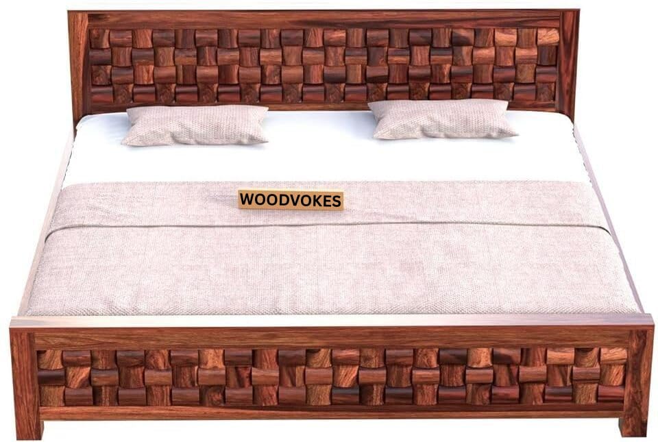 Image of Sheesham Wood Bed Without Storage Solid Wooden Cot Bed Elegant and Functional Bedroom Living Room Home (Dark Mahogany Finish, King)