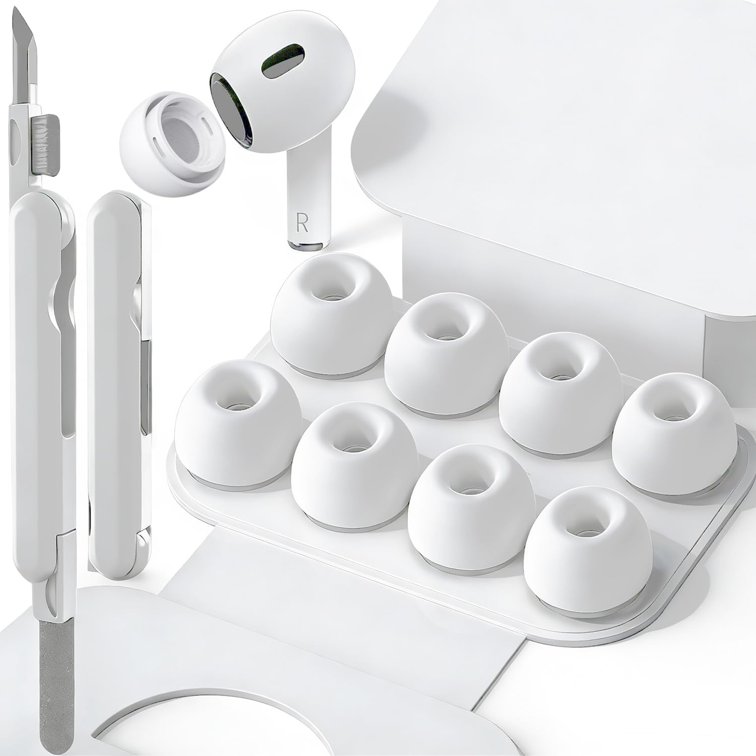 SIXFU 1 Größen der Silikontips Aufsätze für AirPod Pro und AirPods Pro 2 Aufsätze Ohreinsätze Tips mit Reinigungsset & Tragbarem Aufbewahrungskasten, Lärmreduzierung Loch(M) - Weiß