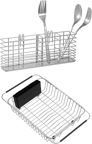 SANNO Organizador de cubiertos de acero inoxidable para utensilios de cocina, escurridor de platos expandible sobre el fregadero