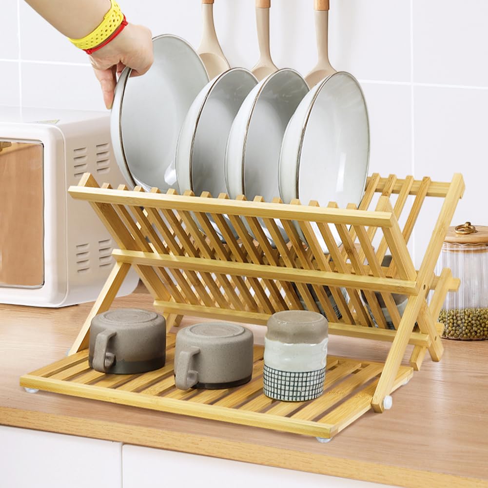 KKTONER Scolapiatti in bambù con portautensili a 3 ripiani pieghevole con tappetino scolapiatti per bancone della cucina (naturale)