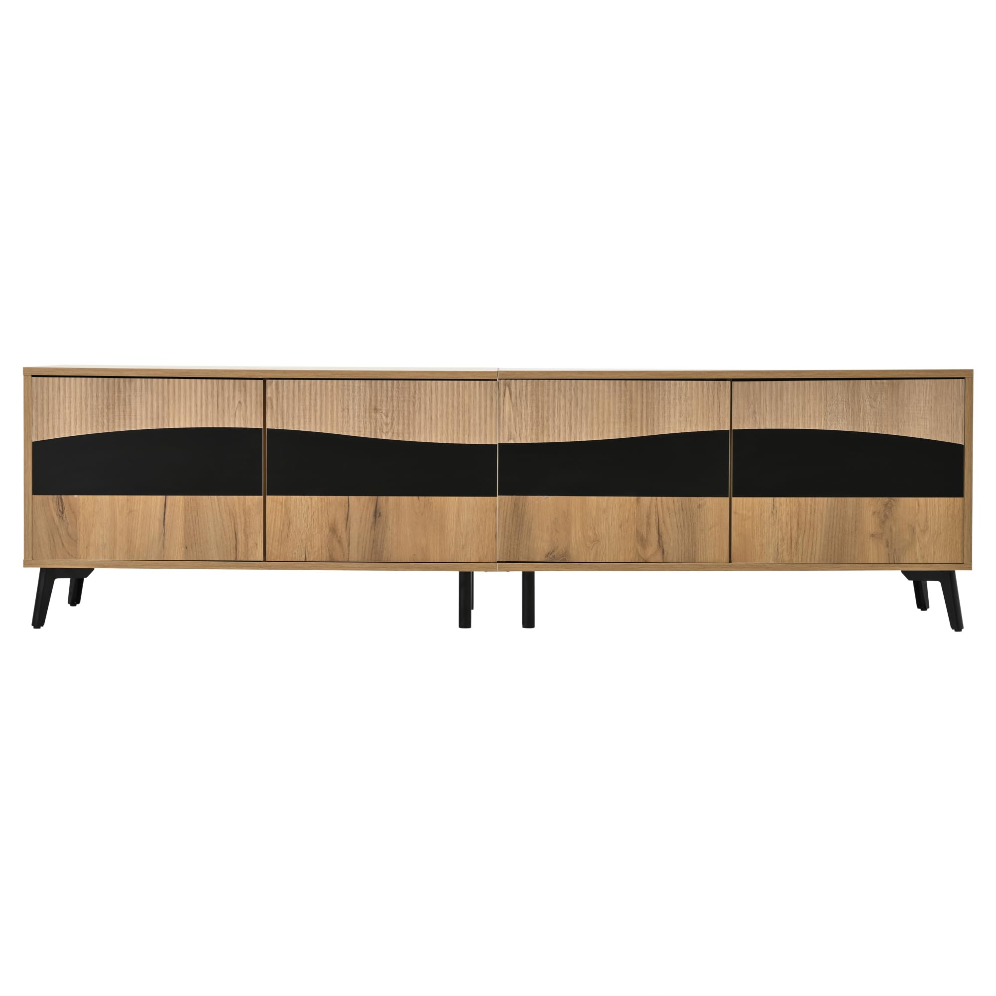 Mueble para televisión, 180 x 40 x 50 cm, color madera + soporte para TV de empalme negro, armario de TV con 4 armarios, armario de salón con 8 patas de apoyo, capacidad de carga recomendada 30