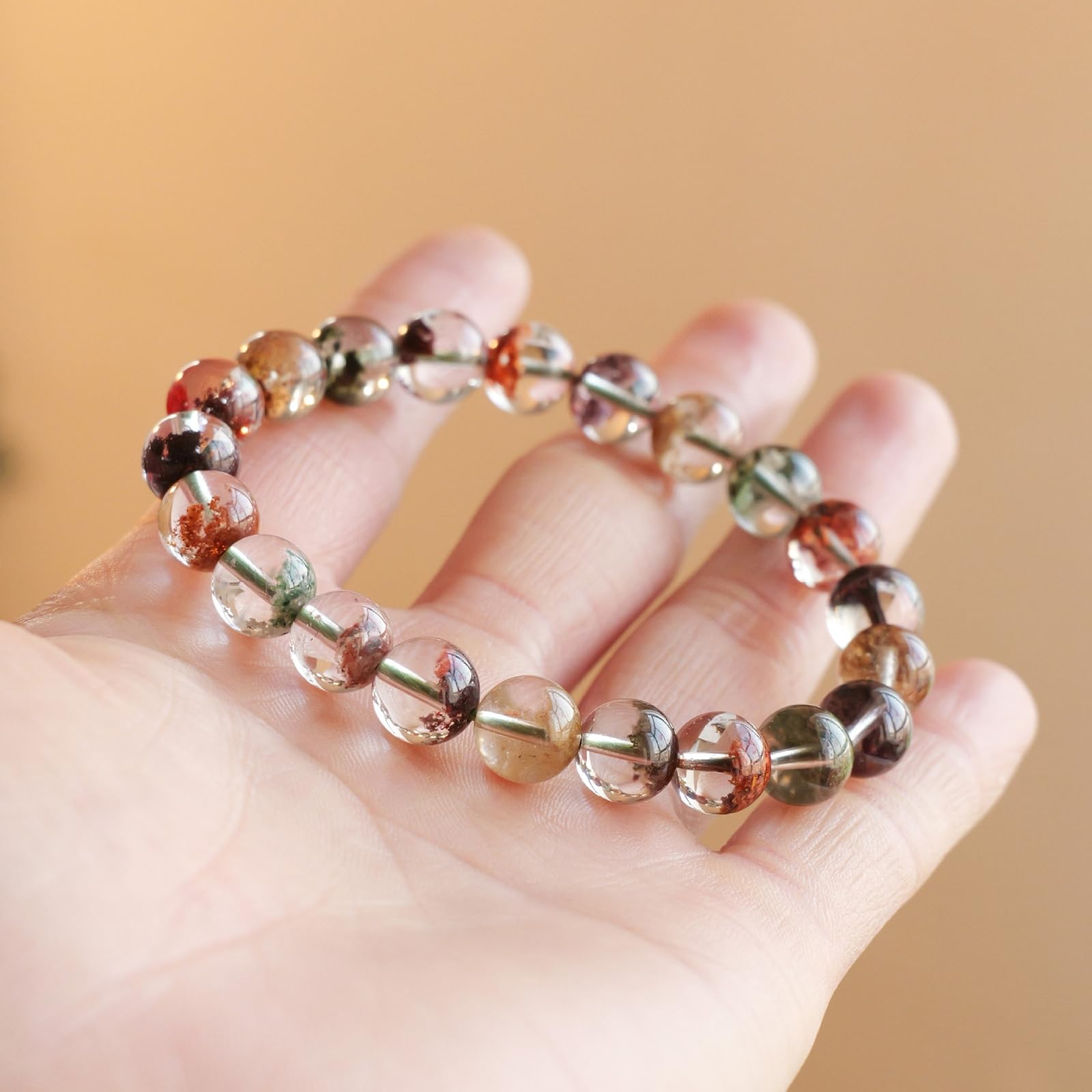 Armband aus Naturkristallen | Phantomquarz-Armband der Vier Jahreszeiten | Handgefertigte Energiequarz-Perle | Vintage-Schmuck für Damen und Herren,7~8mm
