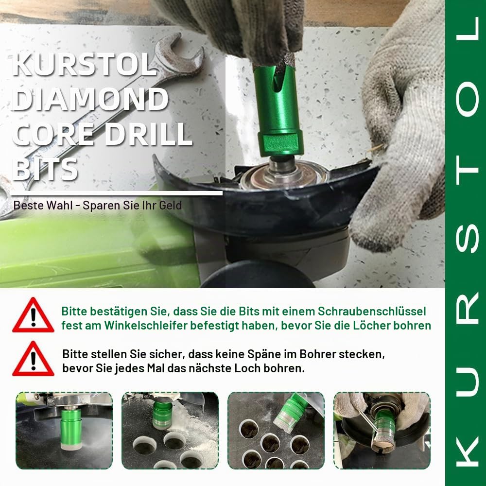 Diamant Fliesenbohrer Set - KURSTOL Diamantbohrer 6/8/10/20/32/35/55/68/100MM+20MM Fingerfräs Bit+50MM Fasenbits+125MM Trennscheibe+Dreiecks Adapter für Porzellan Keramik Fliesen Granit Marmor