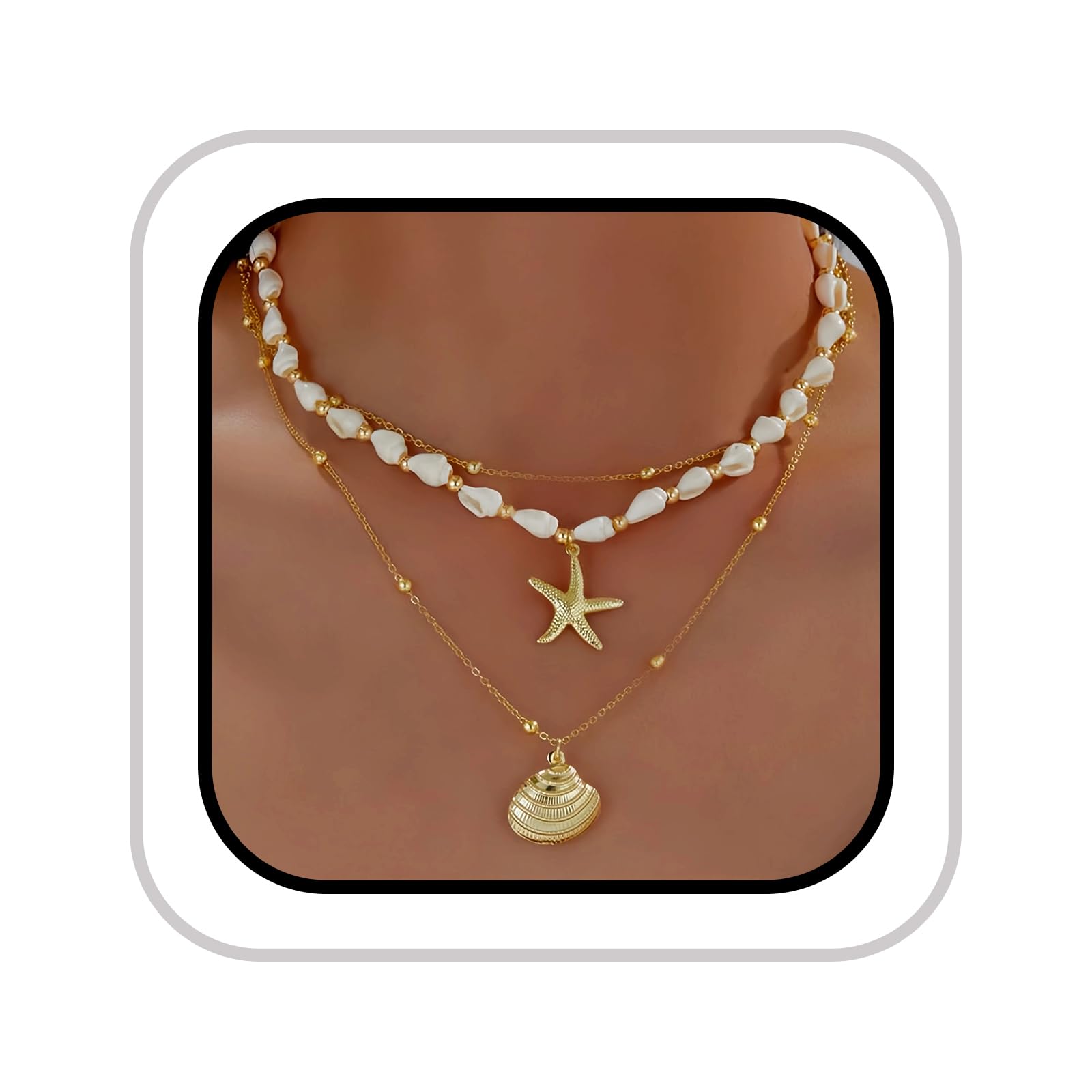 XaiYimee Layered Beach - Inspired Gold Necklace Set for Women - Seashell & Starfish Charm Necklaces, Ideal Beach Jewelry