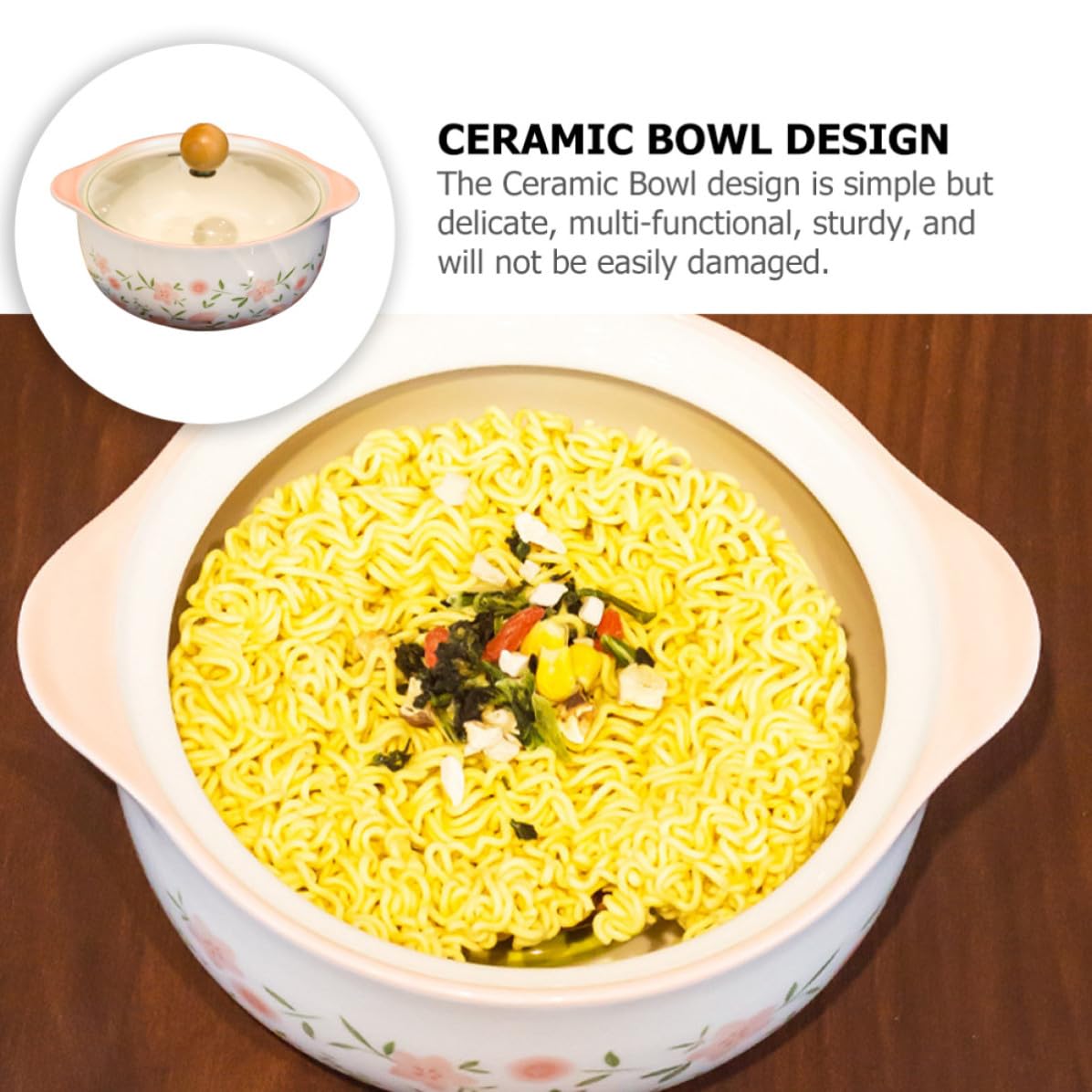 Sosoport Tazón de Ramen de Cerámica Resistente al Desgaste Tapa, Apto para Microondas, Adecuado para Cocina y Fiestas, Diseño Simple y Multifuncional