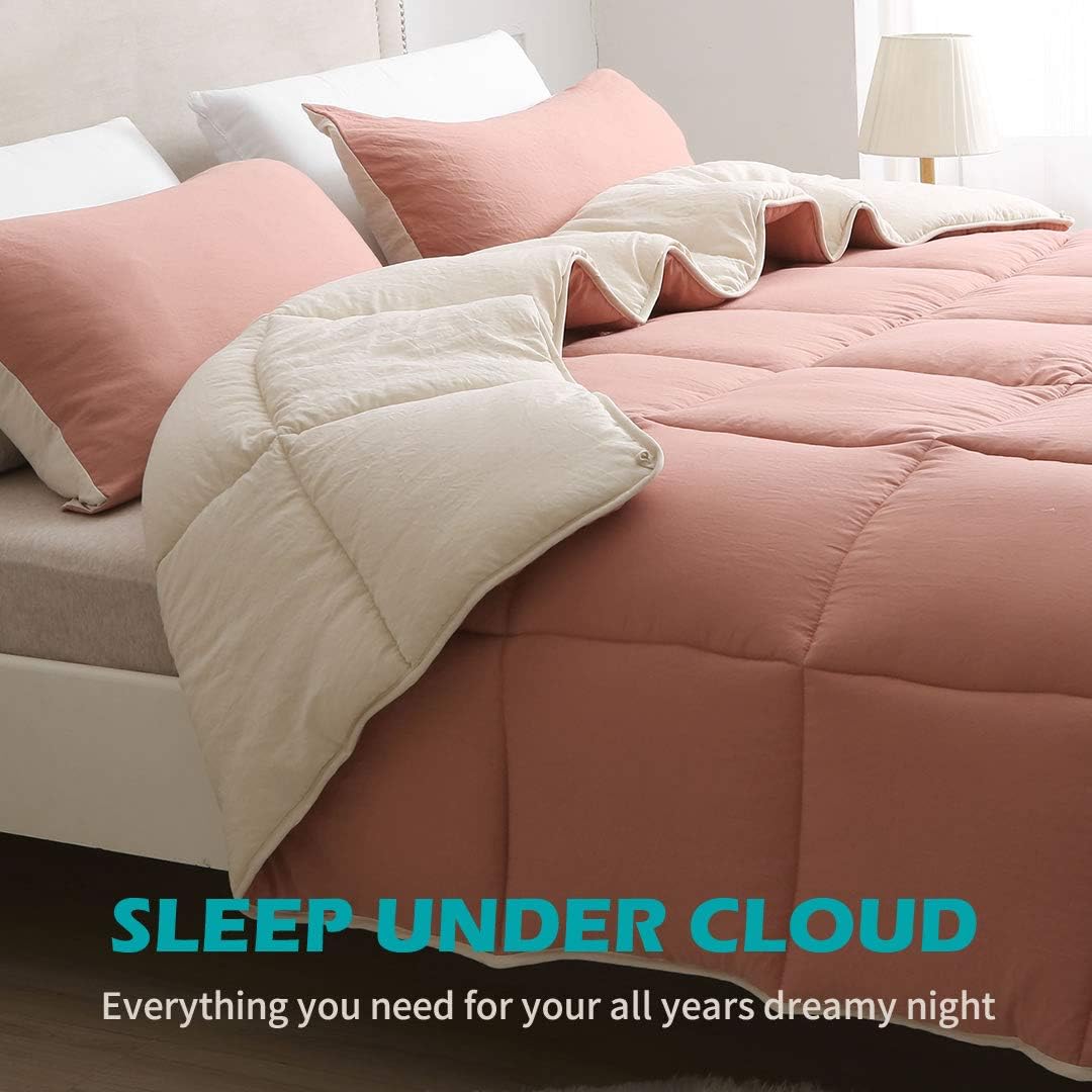 Cobnom Cloud Comforter Queen, Breathable Performance Down Alternative Microfiber Comforter Duvet, Soft Brushed Shell, 3-Piece All Season Bed Comforter Set (King, Rose Red/Beige)