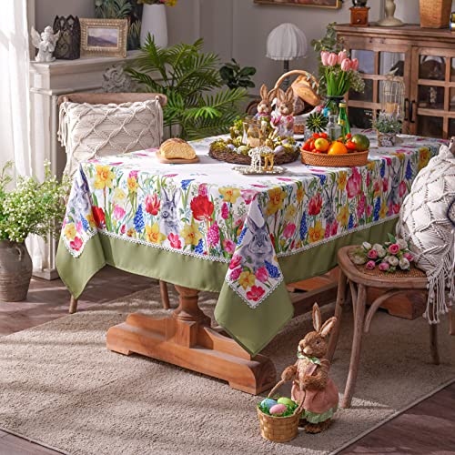 Sutavia Easter Rabbit Bright Floral Lace Tablecloth Spring Summer Dragonfly Butterfly Print Waterproof Fabric With Exquisite Embroidery White Vintage Decor For Home Dining Holiday Party #TOP1