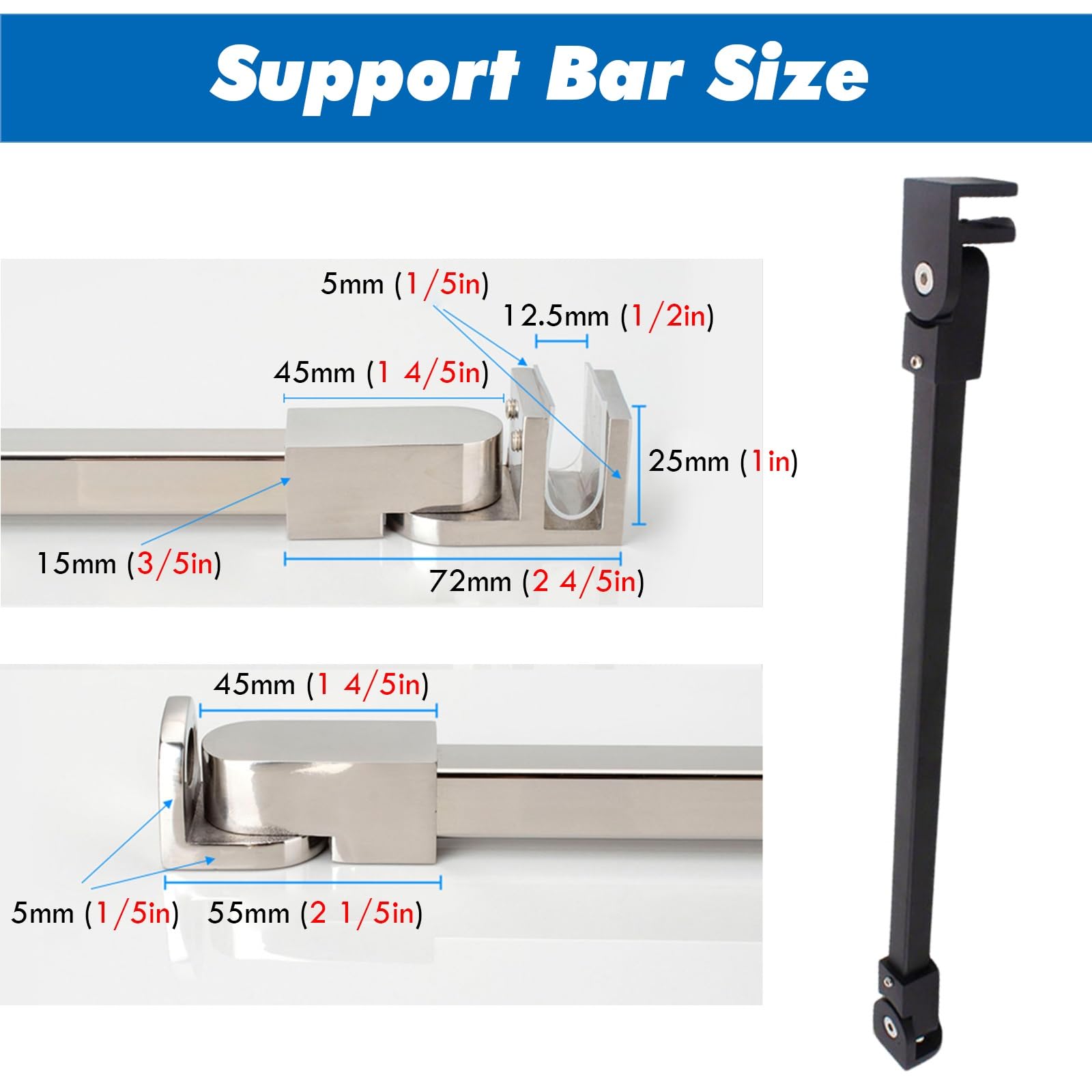 Verstellbare Glasstützstange, feste Stabilisatorhalterung für 8–12 mm Paneele, Edelstahl-Duschwand-Stabilisator, schwarz, perfekt für rahmenlose Duschen
