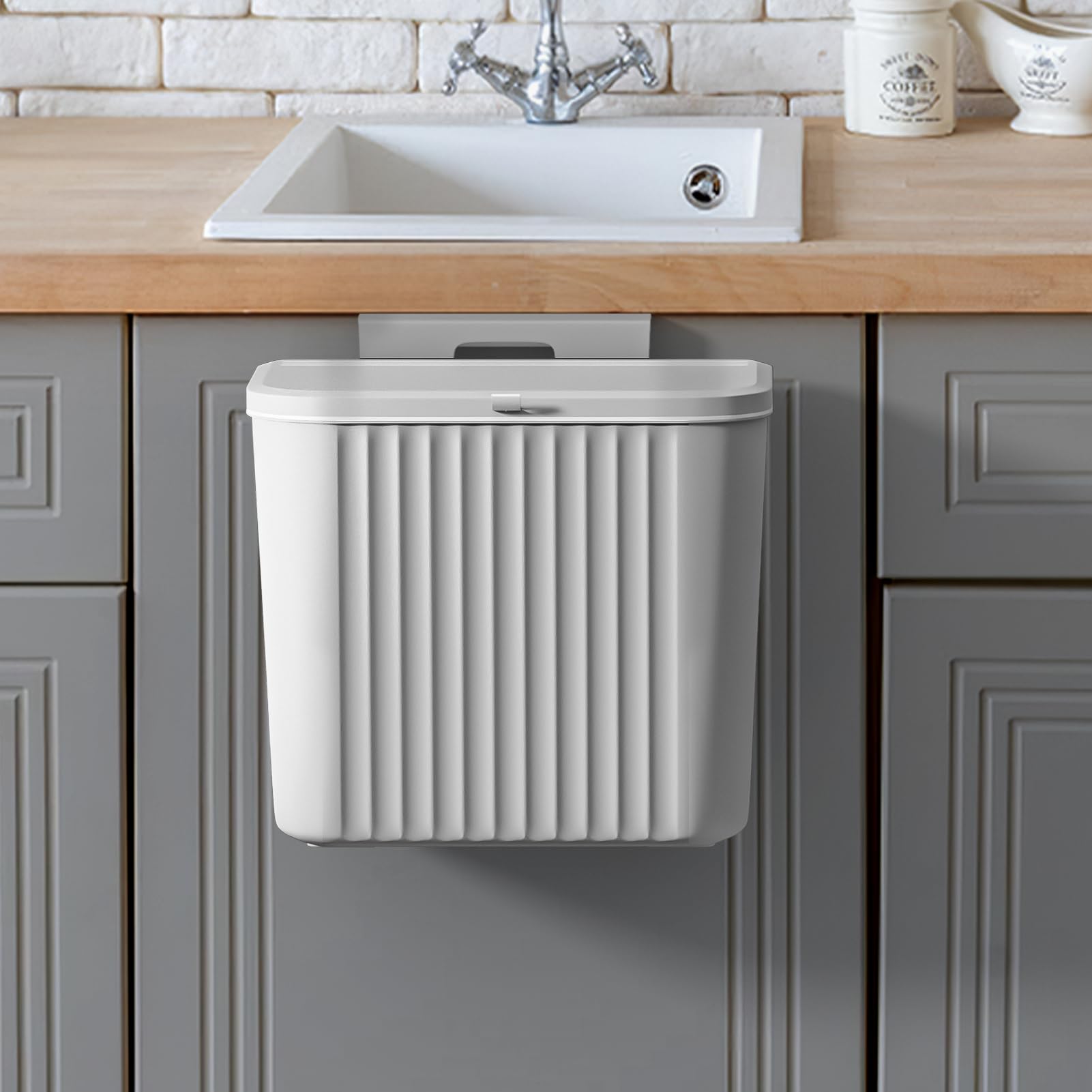 Warmiehomy 7L Under Sink Hanging Kitchen Bin with Lid, Grey