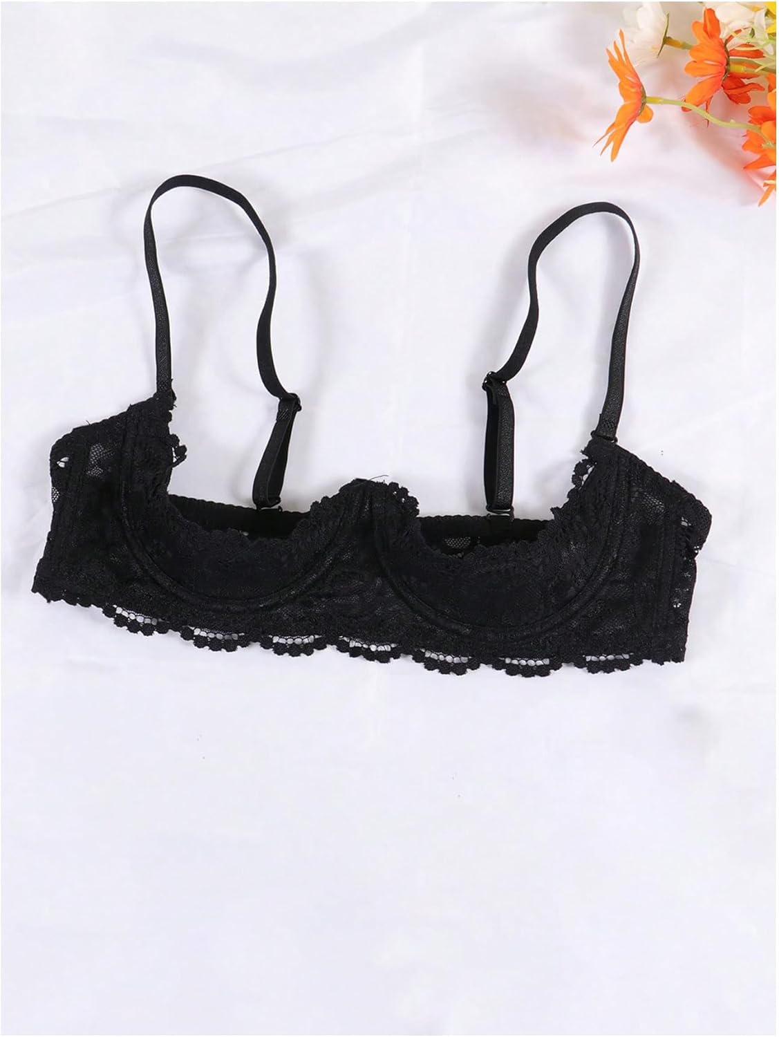 OYOANGLE Women's 1/4 Cup Lace Bra Balconette See Through Mesh Underwired Demi Spaghetti Strap Supportive Lingerie Bra - Image 3