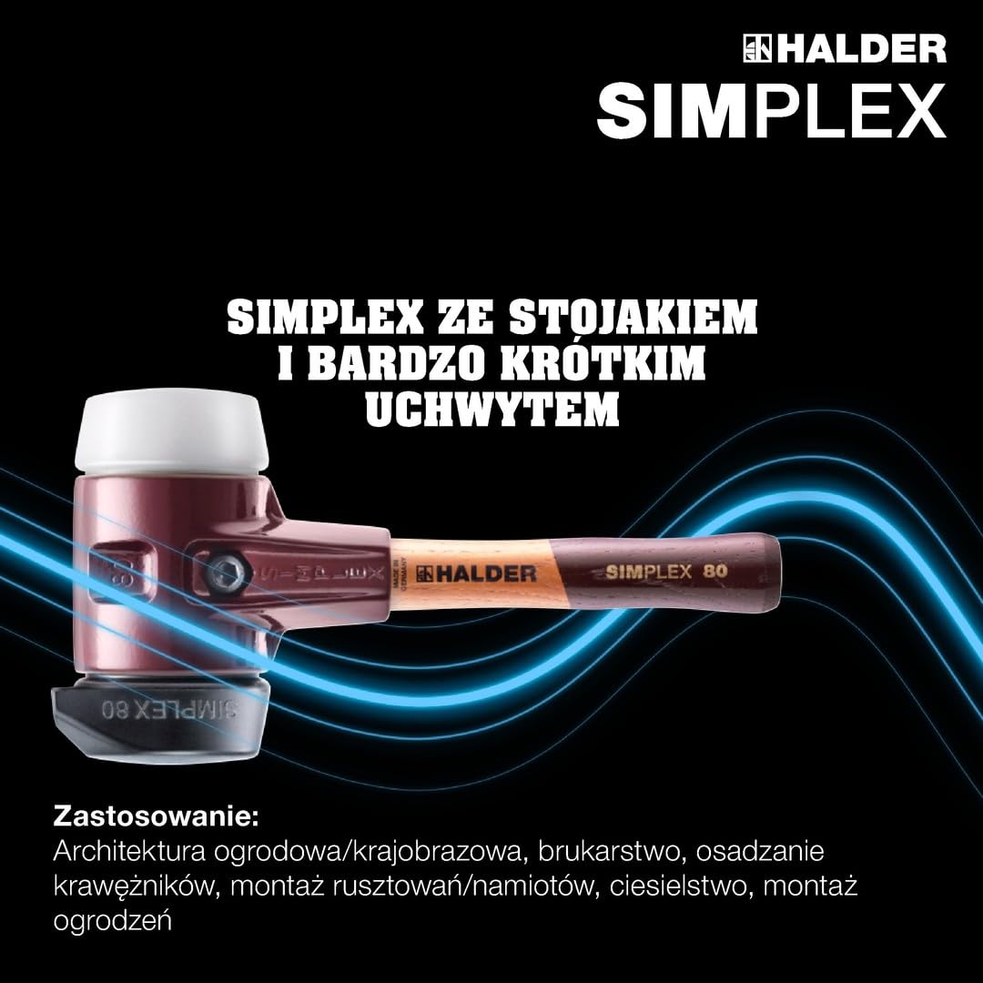 Simplex 3027.282 młotek ochronny, kompozycja gumowa, z podstawką/superplastik; z obudową z żeliwa ciągliwego i wysokiej jakości bardzo krótkim drewnianym trzonkiem | śr. = 80 mm/wersja trzonka =