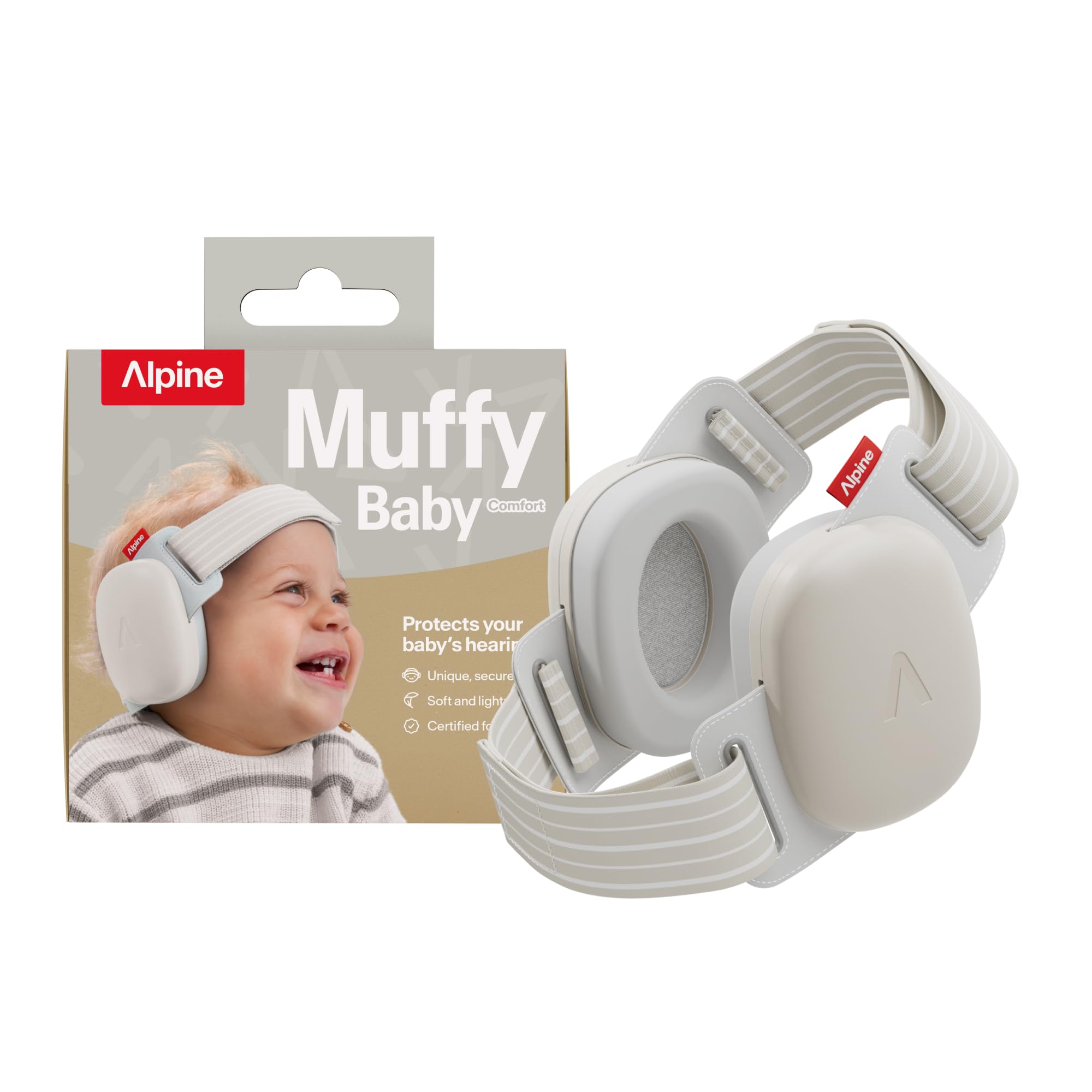 Alpine Muffy Baby Comfort - Gehörschutz für Babys & Kleinkinder - Getestet in Deutschland - Einzigartiges Kopfband für Sicheren & Bequemen Sitz - Verstellbar <5 Jahren - Kopfhörer Lärmschutz, Beige