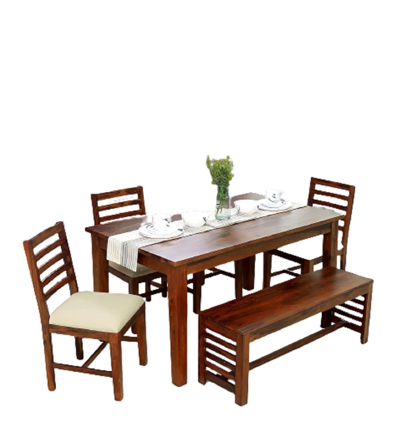 Furniseworlds Sheesham Wood 6 Seater Dining Table with 4 Chair and Bench Six Seater Dining Room