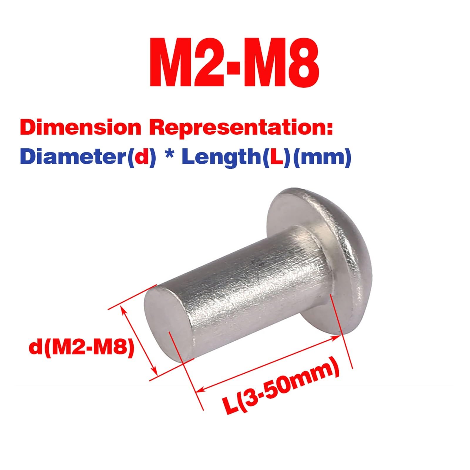 Nity z główką okrągłą, Zestaw nitów aluminiowych z łbem okrągłym, srebrnych, M2-M8(M3x4mm)