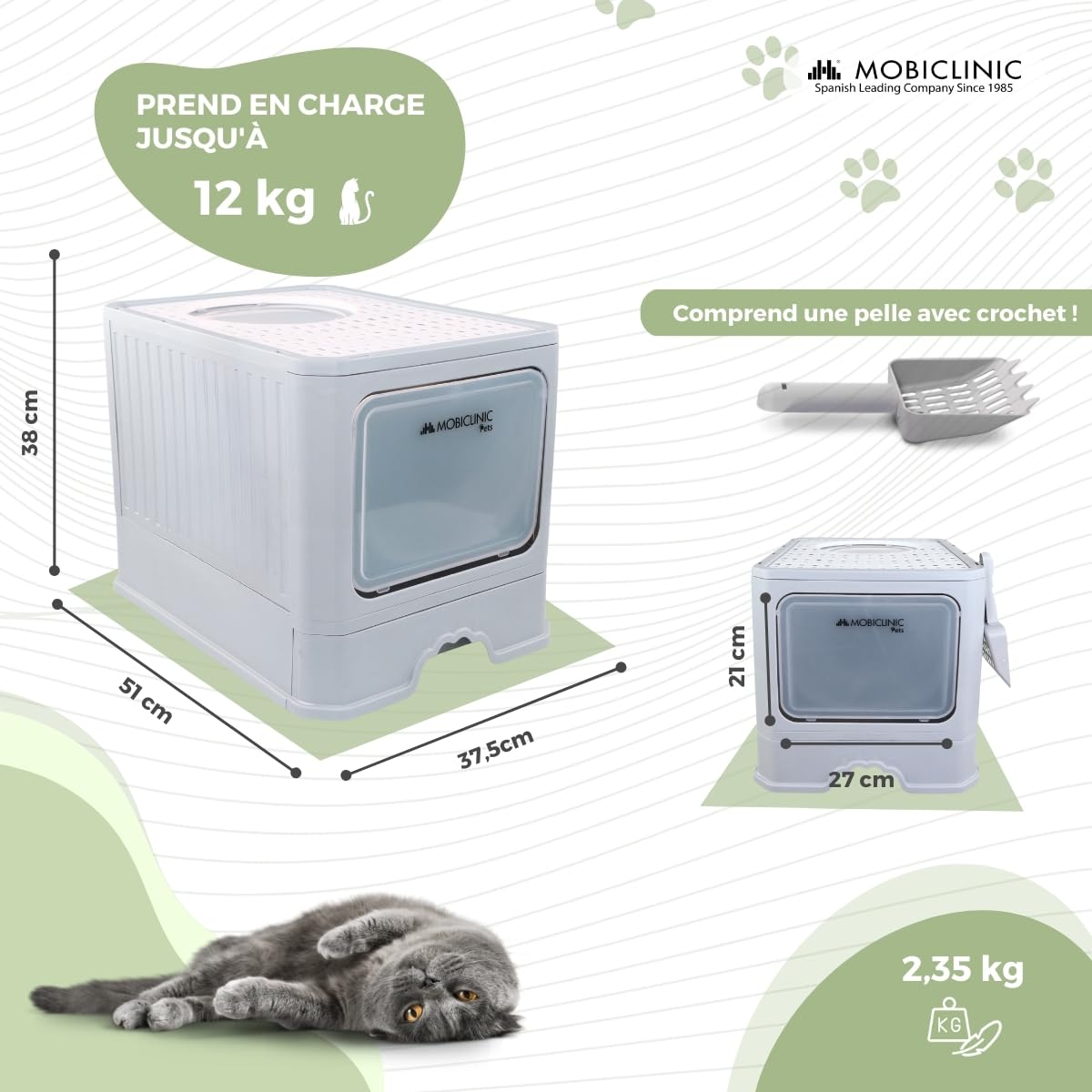 Mobiclinic® Pets, Bac à litière pour Chats Couvert, Tiroir Amovible, Inclus Une Pelle, Catbox, Double entrée Frontale et supérieure avec Couvercle, Grille, Démontable
