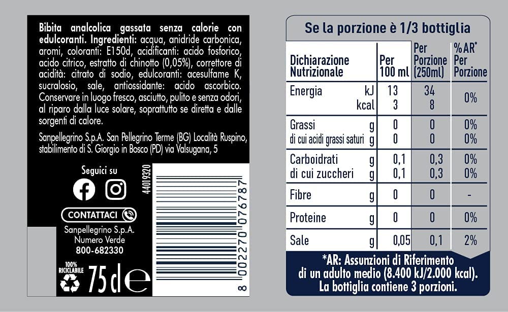 San Pellegrino Chinotto Zero PET - 12 botes de limonada sin azúcar (0,75 L), color naranja amargo