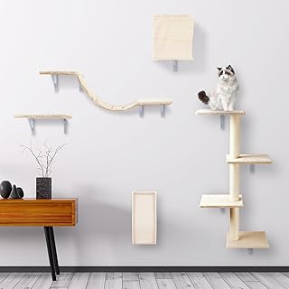 JIFULI 5 Pcs Wall-Mounted Cat Climber Set, Wood Indoor Cat Furniture with Cat Shelves and Perches, Ladder, Cat Condo House, Scratching Board and Cat Tree, Cat Wall Shelves Furniture, Beige