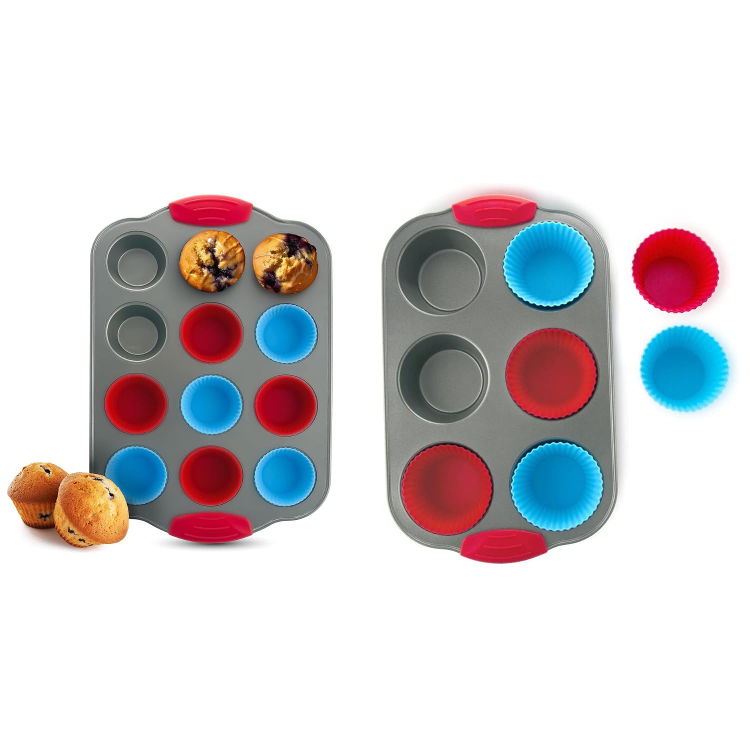 Boxiki KitchenMini and Jumbo Muffin Pan Set - 12 Cup Mini Muffin Pan & 6 Cup Jumbo Muffin Pan with Silicone Liners and Handles.