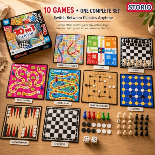 Image of Storio 10-in-1 Classic Board Games for Kids 5+ Years | Chess, Ludo, Snakes & Ladders, Checkers, Backgammon & More | Family Board Game Set with Dice & Pawns | Educational Indoor Game for Boys & Girls
