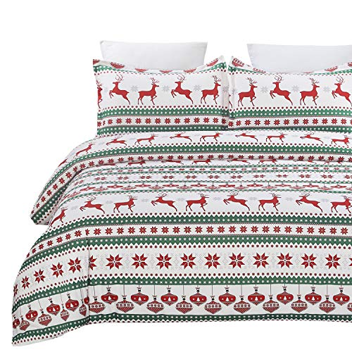 Vaulia Lightweight Microfiber Duvet Cover Set, Printed Reindeer Pattern for Christmas New Year Holidays, Red/Green - King 3-Piece Set