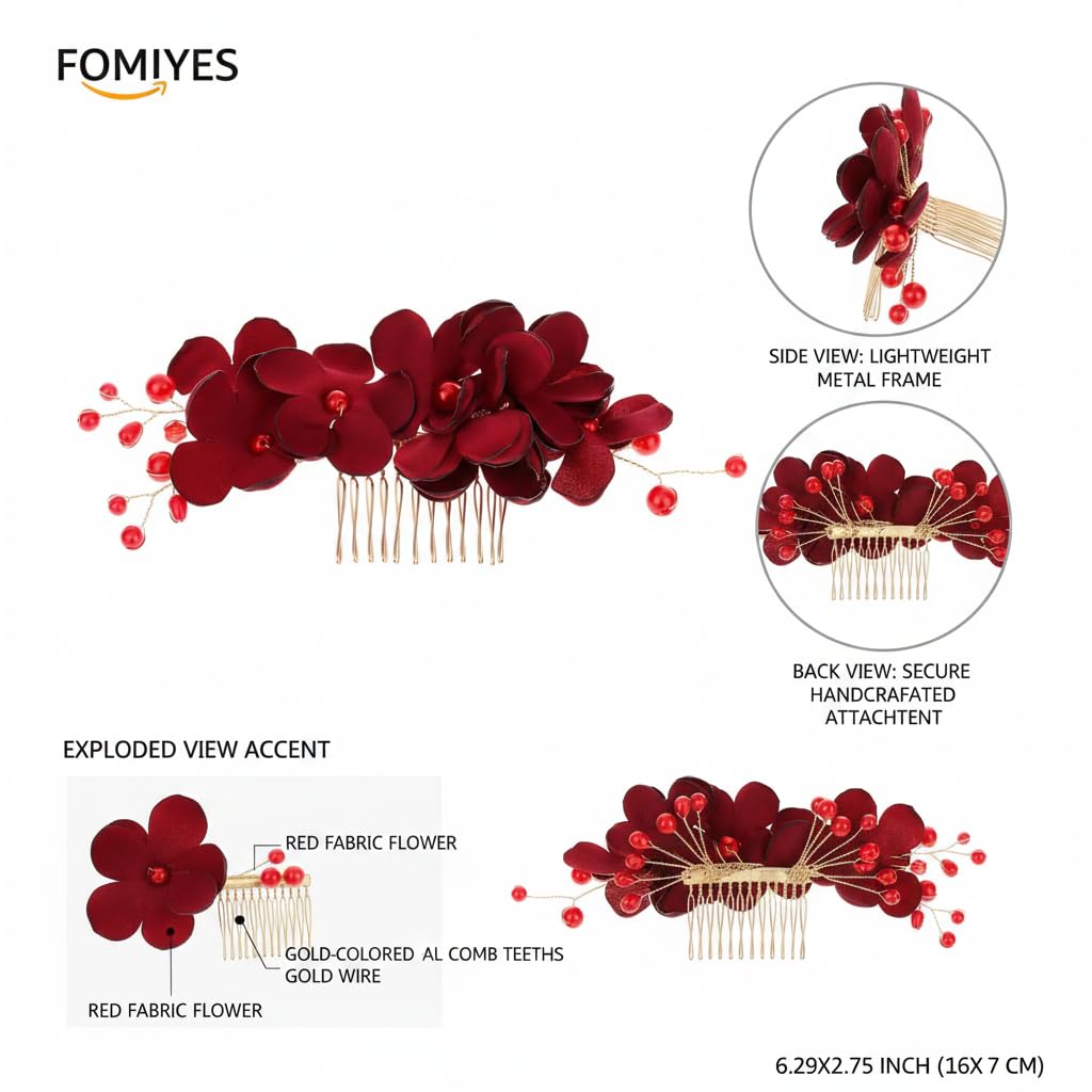 FOMIYES Peineta Lateral Con Flores De Tela Roja Y Cuentas Imitación Accesorio Ligero Para El Pelo De Mujer Ideal Para Bodas Fiestas Y Eventos Especiales 6.29X2.75 Pulgadas