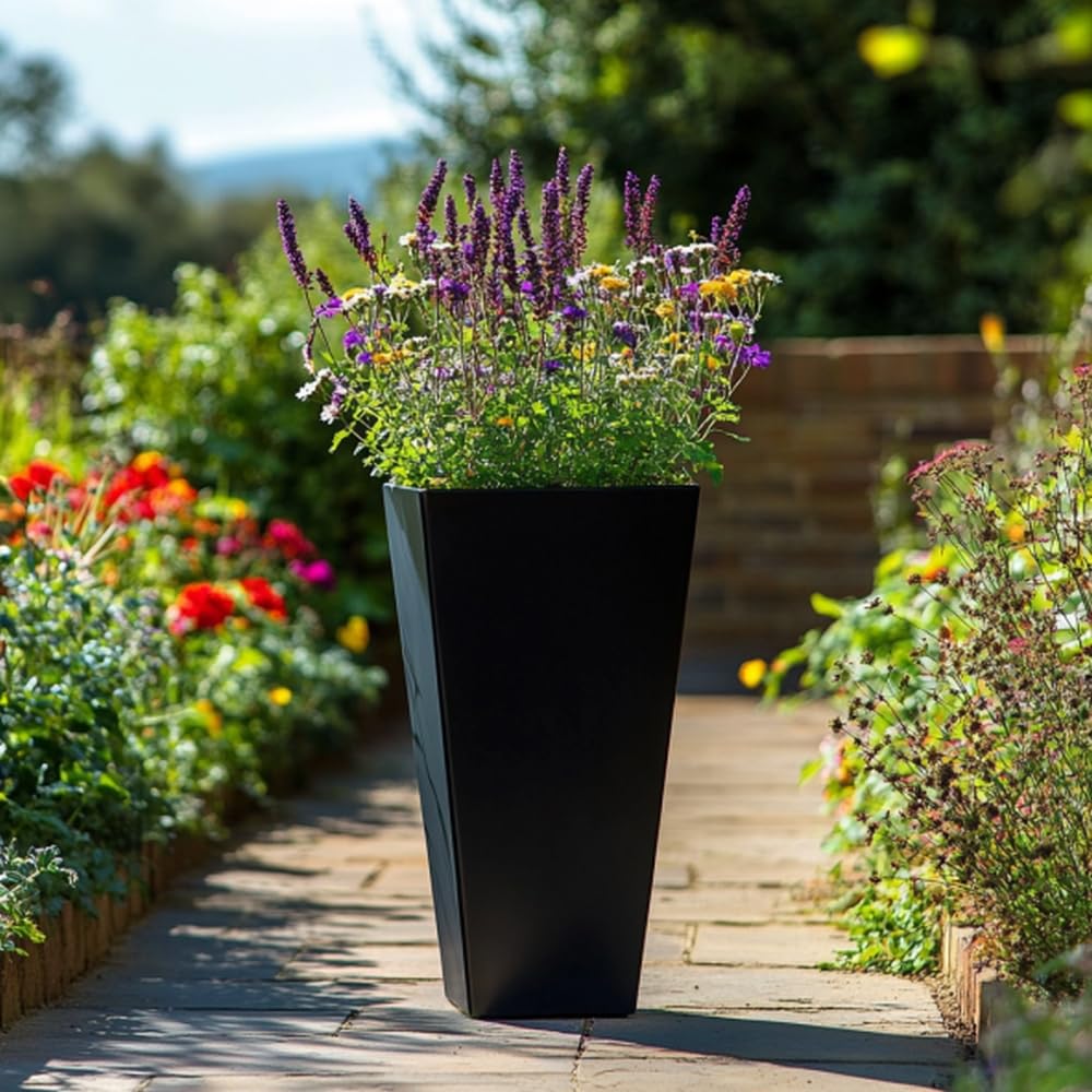 Tulipy 90cm/70cm Zinc Galvanised Tall Tapered Square Planter | No Assembly Needed | Lightweight (Matte Black, L40cm x W40cm x H90cm)