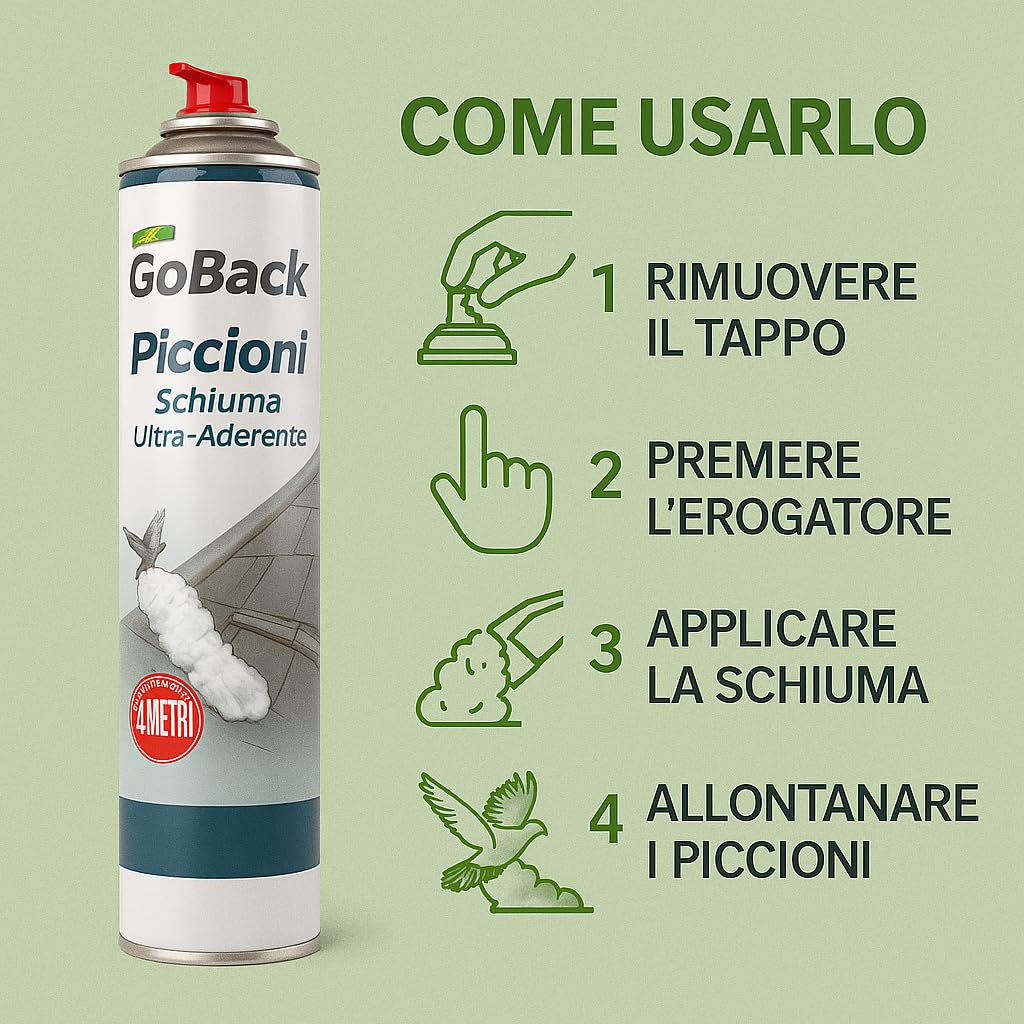 Repellente allontana Piccioni Schiuma Ultra-Aderente, Spray Disabituante con Eucalipto, Barriera Olfattiva per Balconi e Tetti, Gittata 4 Metri, 750ml