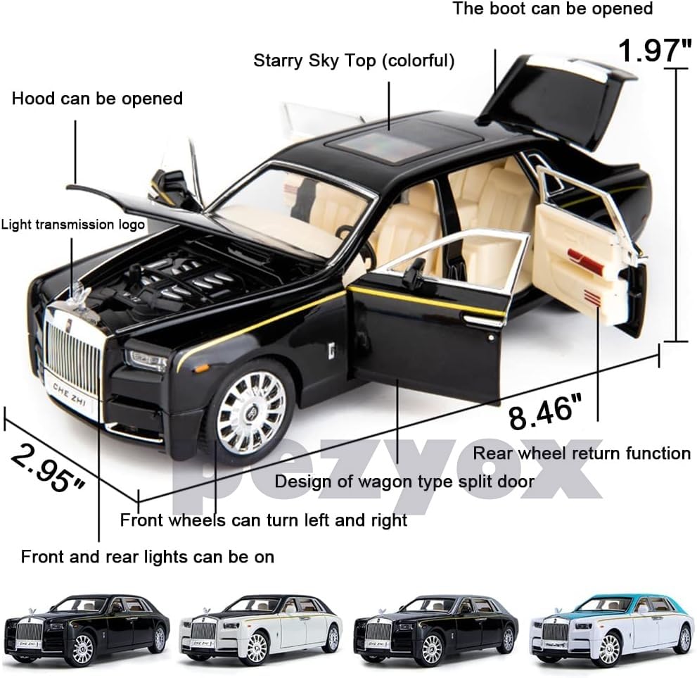 Image of 1 /24 Rolls-Royce Phantom Model Car,Zinc Alloy Pull Back Toy car with Sound and Light for Kids Boy Girl Gift. (White)