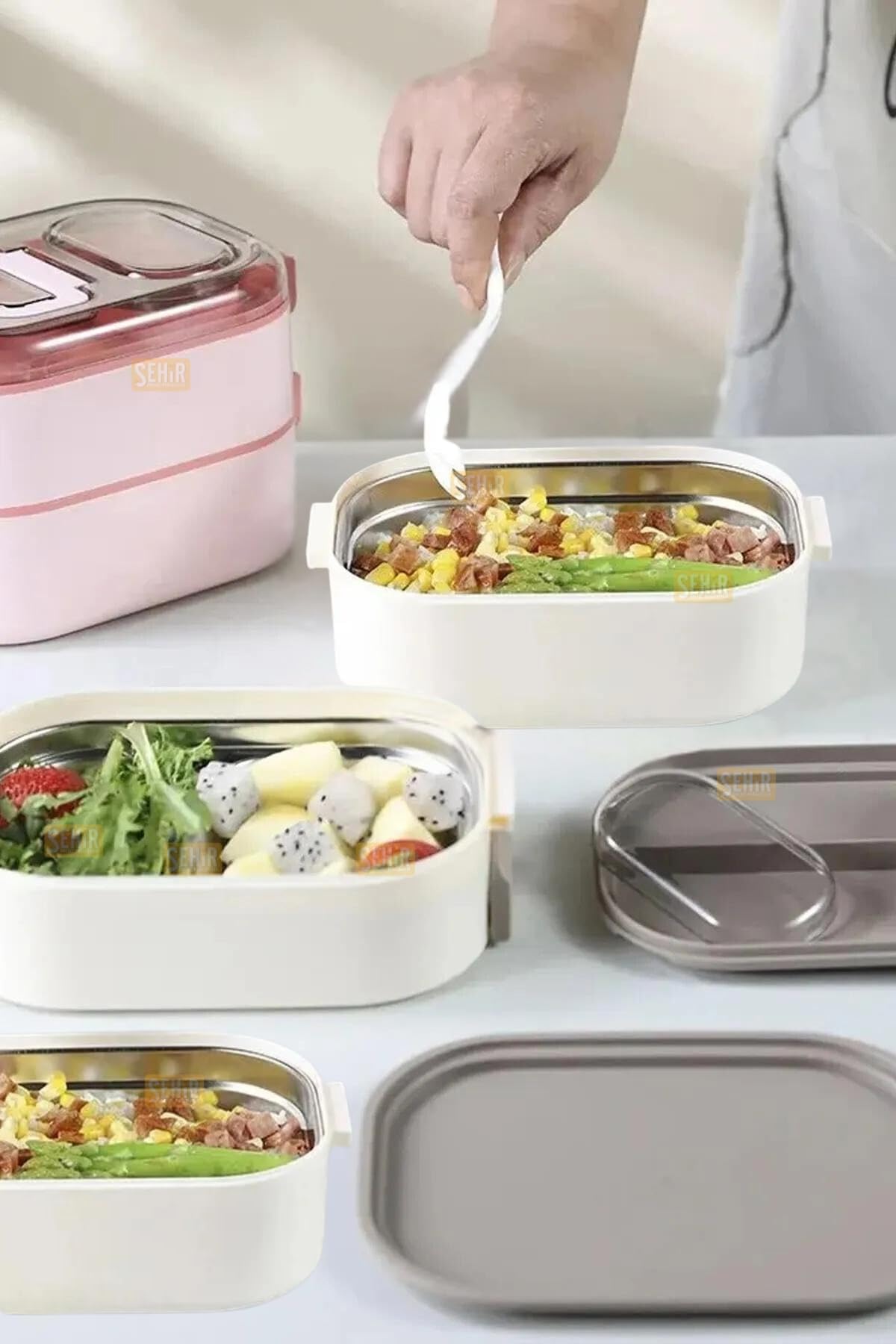 Vagonlife Bento 1450ml Lunchbox Üç Katlı 5 Bölmeli ve Mini Sosluklu Çelik Sefer Tası Yemek Kutusu (Lacivert)