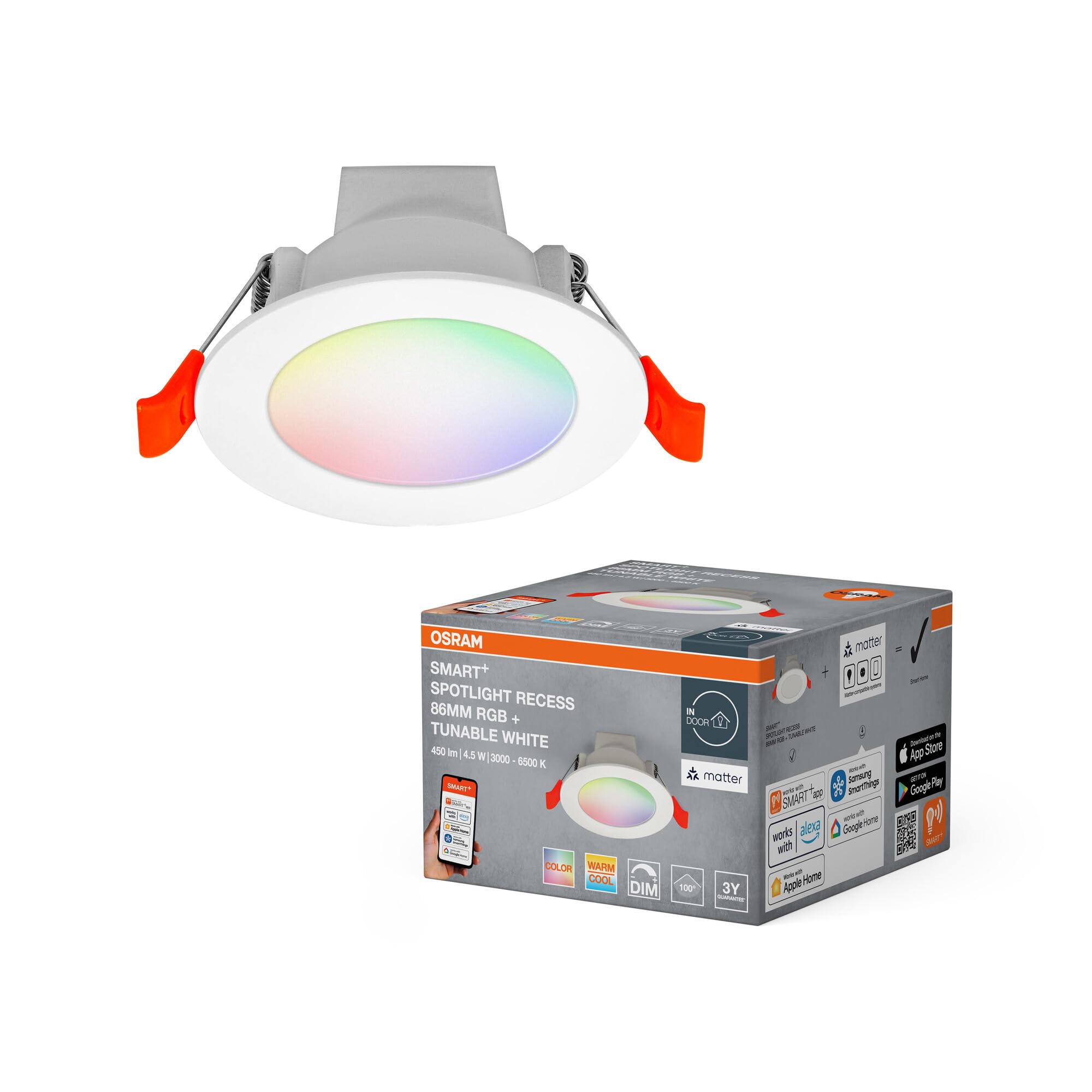 OSRAM SMART+ Matter over Wifi Einbauleuchte 86mm – Smart+ App, RGB/Tunable White, 3 Abstrahlwinkel