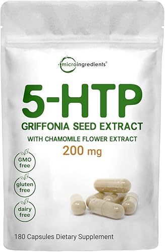 Micro Ingredientes 5-HTP 200 mg con extracto de flor de manzanilla 180 cápsulas fórmula 2 en 1 extracto de semilla de griffonia al 98 mejorado con