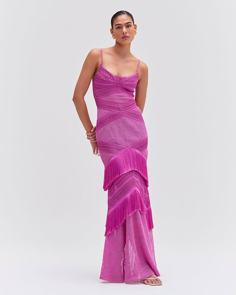 Amazon.com: PATBO, Sleeveless Fringe Maxi Dress, 10, Cerise