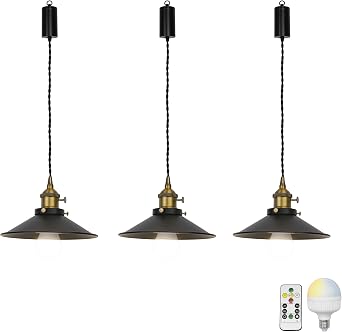 3 Pcs Remote LED Bulb Rechargeable Battery Adjusted Height Hanging Light Dimming Timing Brass Finish Base Black Metal Lamp Vintage Design for Stairs Farmhouse