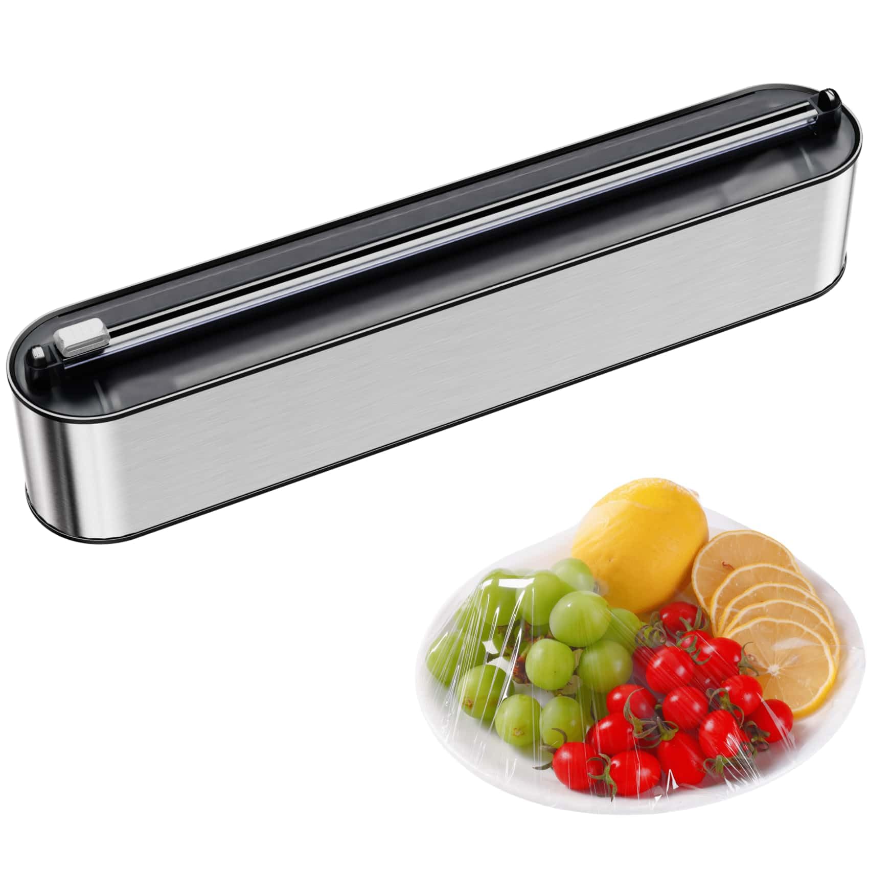 Frischhaltefolienspender Edelstahl-Optik - Magnetisch & Wandmontage, Verbessert Folienspender Schublade, Folienschneider für Frischhaltefolie & Alufolie - Saubere Schnitte, Hochglanz Silber