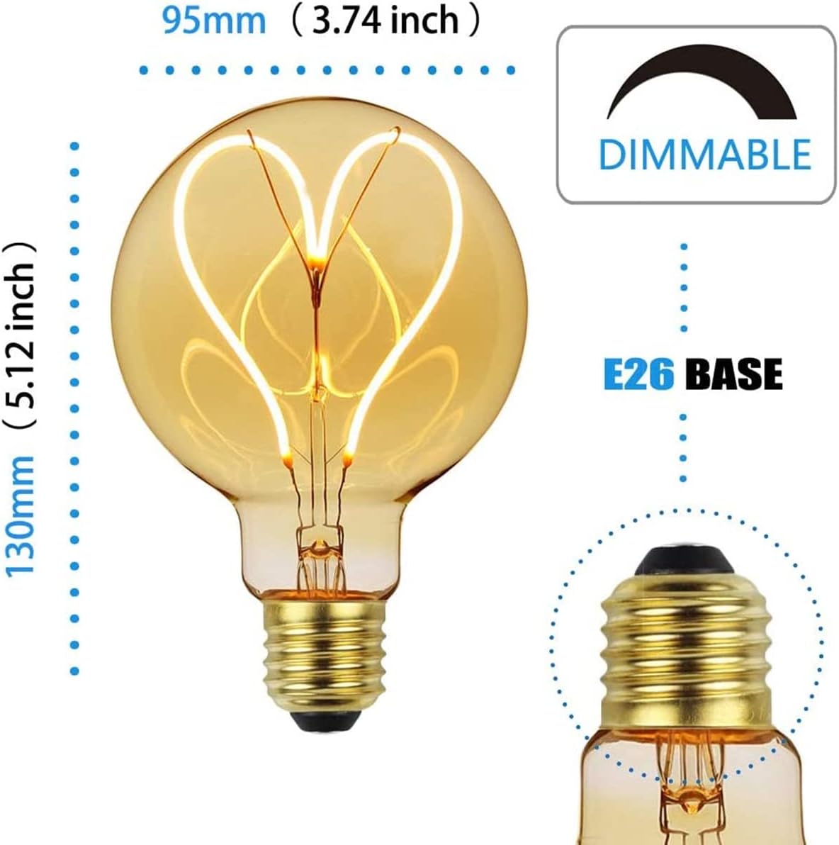 Lxcom Lighting G95 Led Edison Bulb 4W Dimmable Heart Led Filament Vintage 110/130V E26 Decorative Light Bulb,2300K Warm Yellow Amber Gold Glass,Pack of 2
