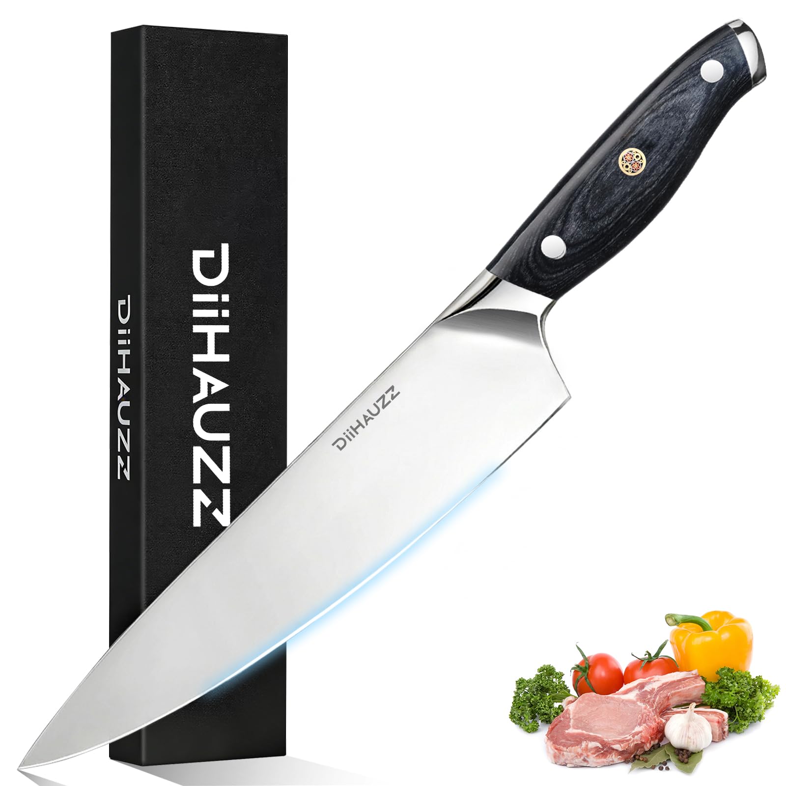 DiiHAUZZ Kochmesser, 20 cm Klingenlänge Küchenmesser, Profi Fleischmesser aus Rostfreiem Edelstahl 5Cr15MoV, Chefmesser mit Ergonomischer Pakkaholzgriff, Scharfes Messer, Geschenk für Männer & Lieber