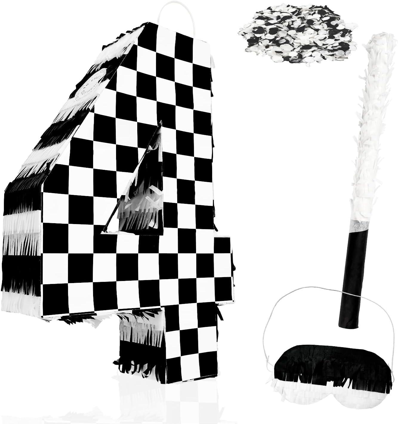 Checkered Number 4 Pinata Black and White Checkered Pinata with Stick and Blindfold Confetti for 4th Birthday Racing Car Party Game Supplies Race Car Pinatas