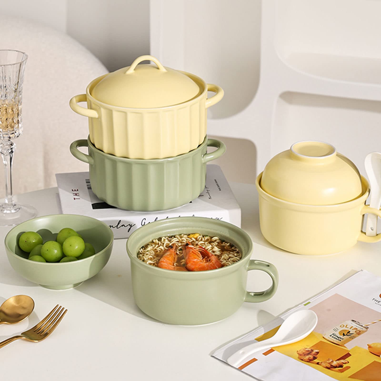 Bol à ramen,saladier,/Bol en céramique avec couvercle, tasse à soupe avec couvercle, bols à nouilles ramen lavables au micro-ondes, for dortoir, maison, bureau-jaune-650 ml/23 oz ( Color : 950ml/33.5o