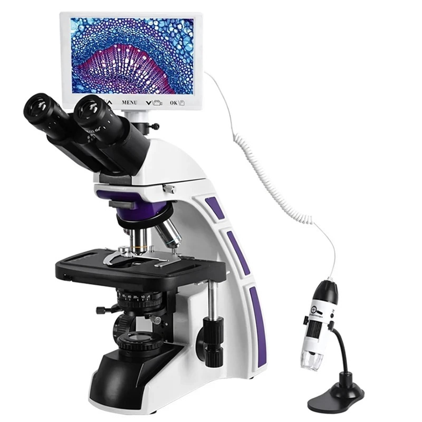 Microscopio Estereoscópico, Microscopio Compuesto Trinocular Profesional De Laboratorio Con Zoom Biológico HD + LCD VGA 7 Pulgadas + Electrónico Digital Portátil