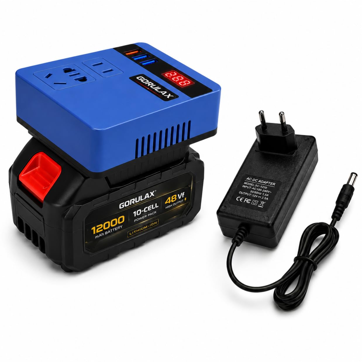 Item Name: GORULAX® 120W Portable Power Inverter for 18V-21V Lithium Battery, DC to AC 220V Converter with AC Outlet, 3 USB Ports, LED Voltage Display, Inverter + Battery + Charger-image-17