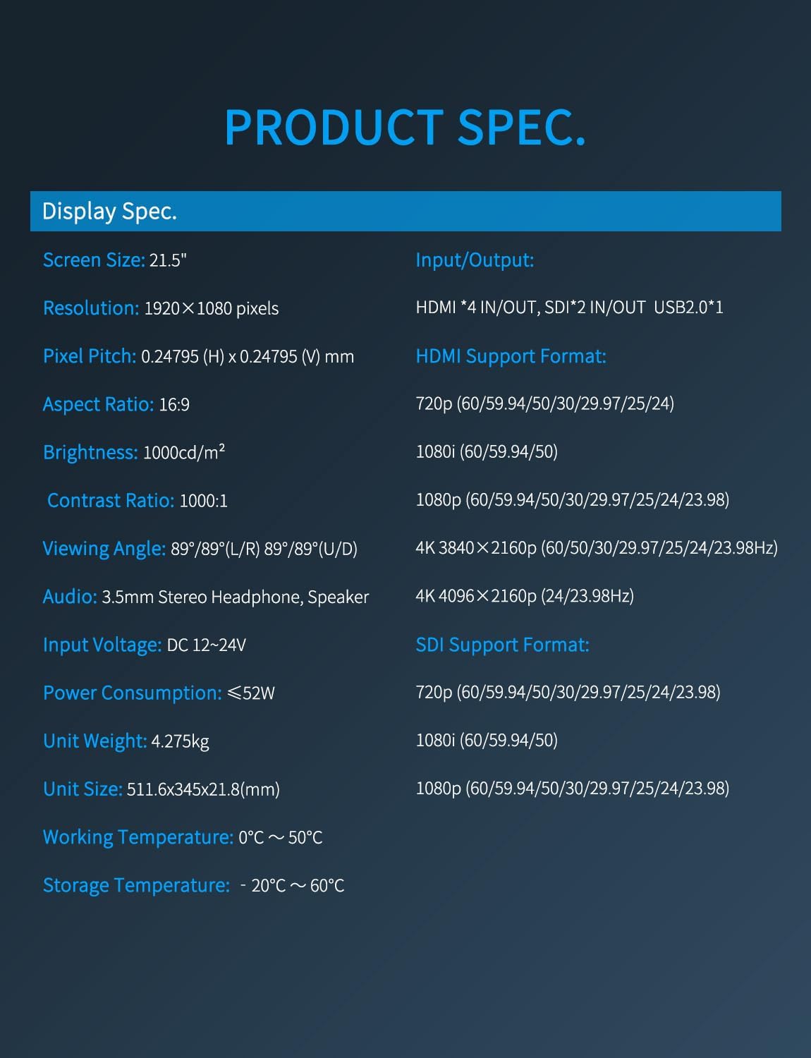 FEELWORLD FVM215 1000 Nits 21.5-inch Broadcast Monitor with Waveform, 3D LUT, 8-bit Color Depth, 4K60Hz HDMI & 3G-SDI Input/Output