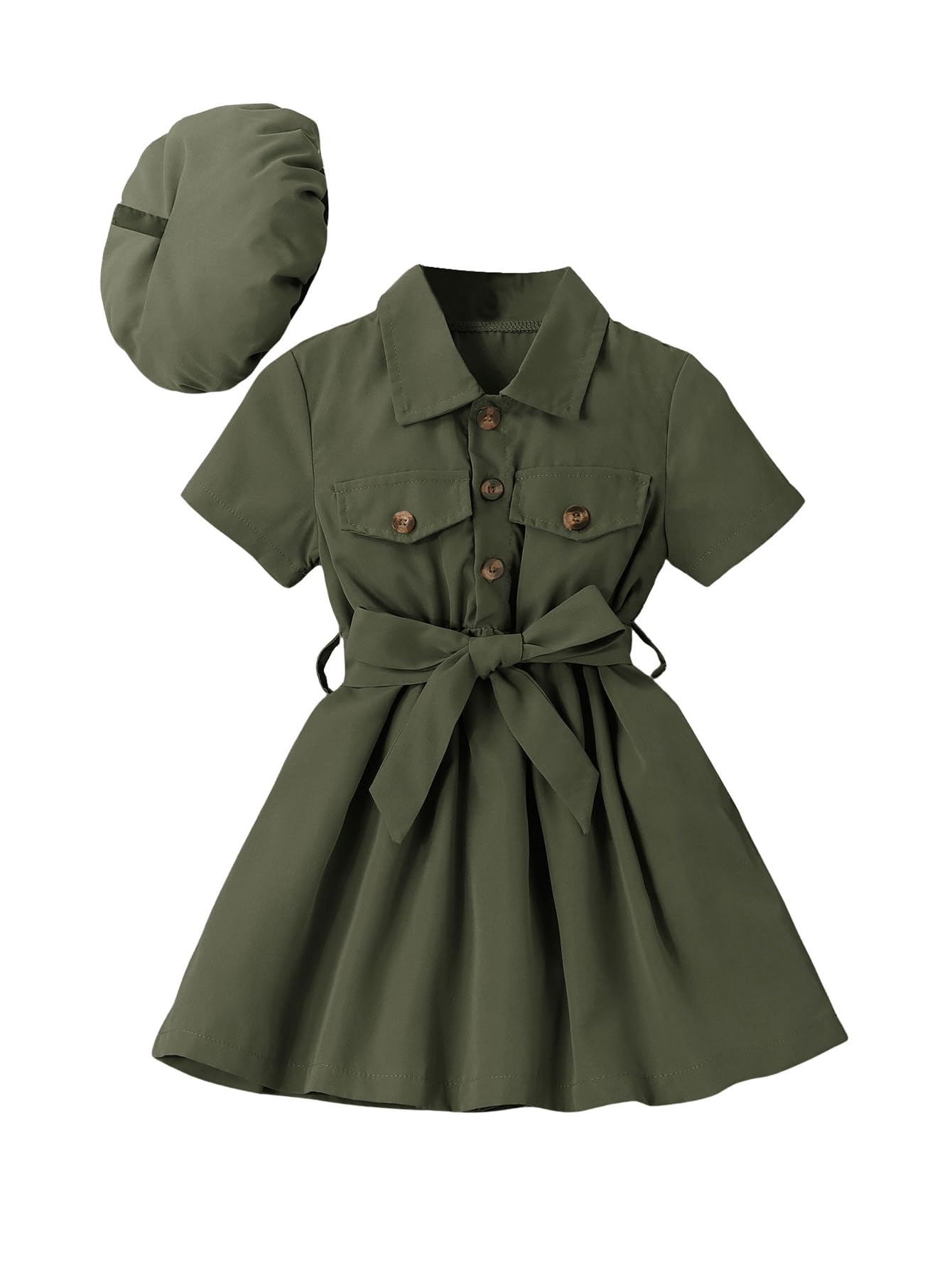WDIRARA Toddler Girl's Button Front Short Sleeve Belted Collar Aline Dress with Hat