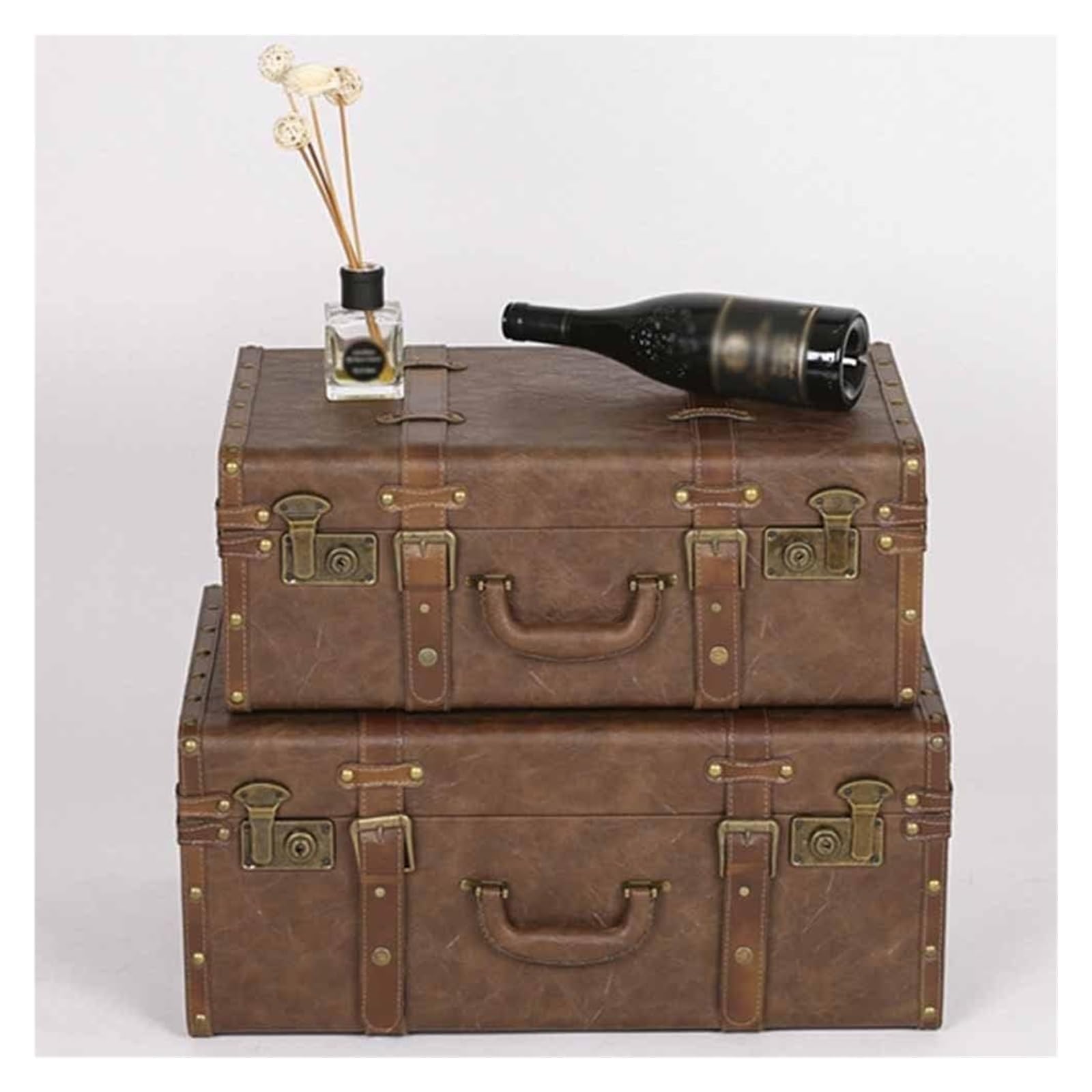 Maleta Retro, baúl de Madera Antiguo, Caja de Almacenamiento Retro de Cuero para Equipaje, República de China, Accesorios para fotografía, Adornos Decorativos (54x34x20cm)