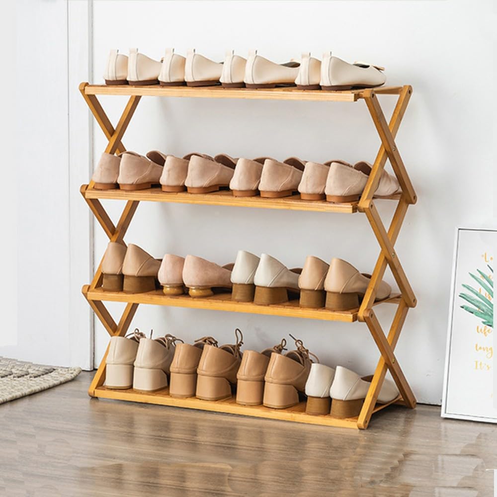 Bambus Schuhregal Organizer 4 Ebenen,Faltbares Schuhregal,Schuhorganizer Offenes Regal Klappbar,Freistehendes Schuhregal,FüR Schrank Eingang Badezimmer Wohnzimmer Camping