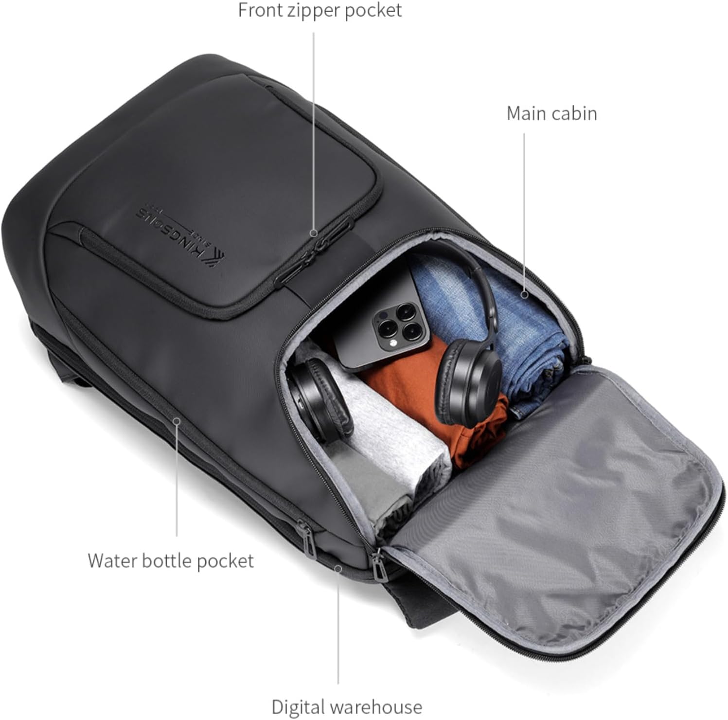 Kingsons Travel Backpack for Men, 19L Black Business Backpack with 15.6 Inch Laptop Compartment, Waterproof Polyester College Bookbag, Luggage Sleeve for Travel & Work - Image 5