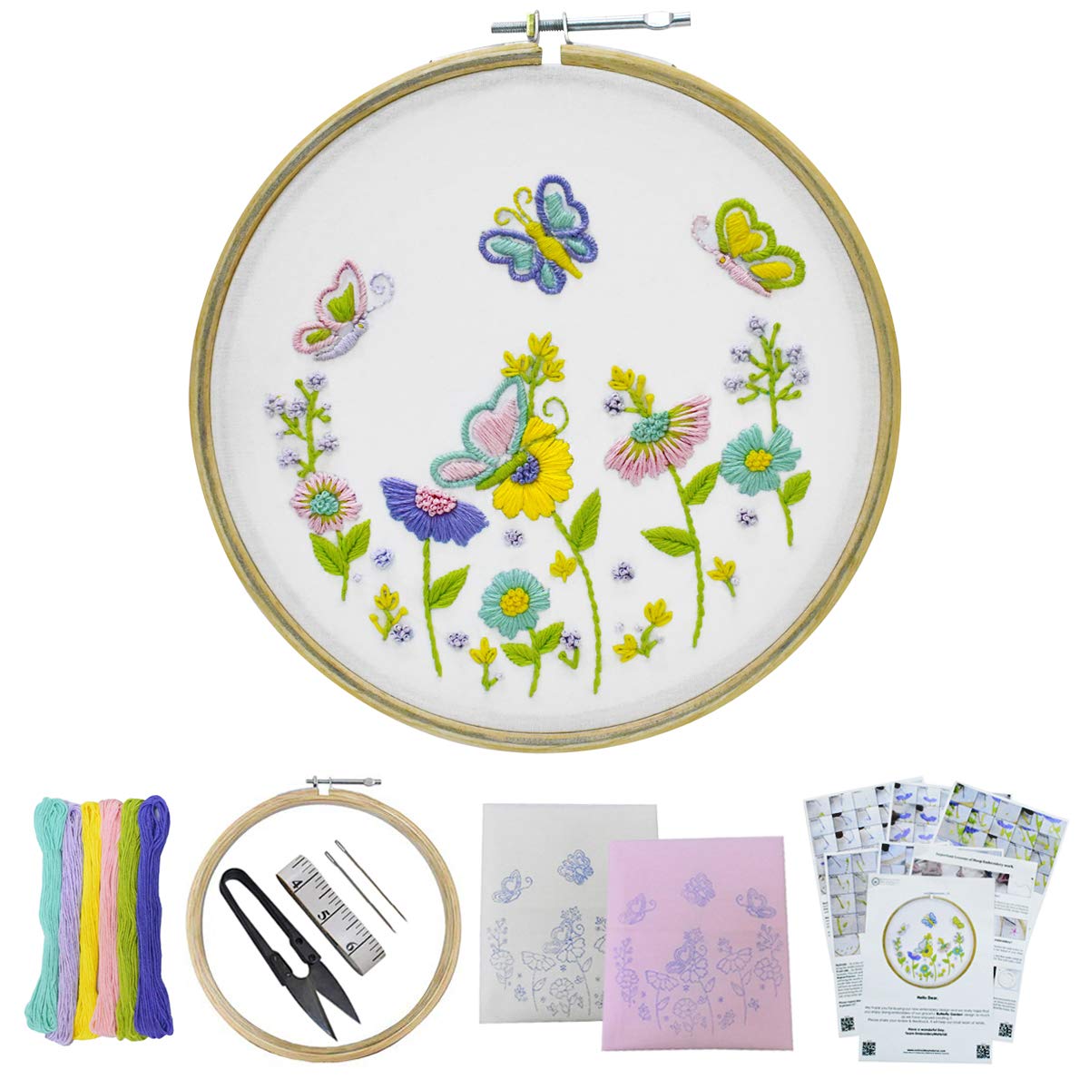 Embroiderymaterial Cross Stitch Hand DIY Embroidery Kit For Beginners,Adults With Butterfly Garden Design For Adults With Instruction,Hoop,Fabric,Threads & Needle (Complete Kit),Multicolor