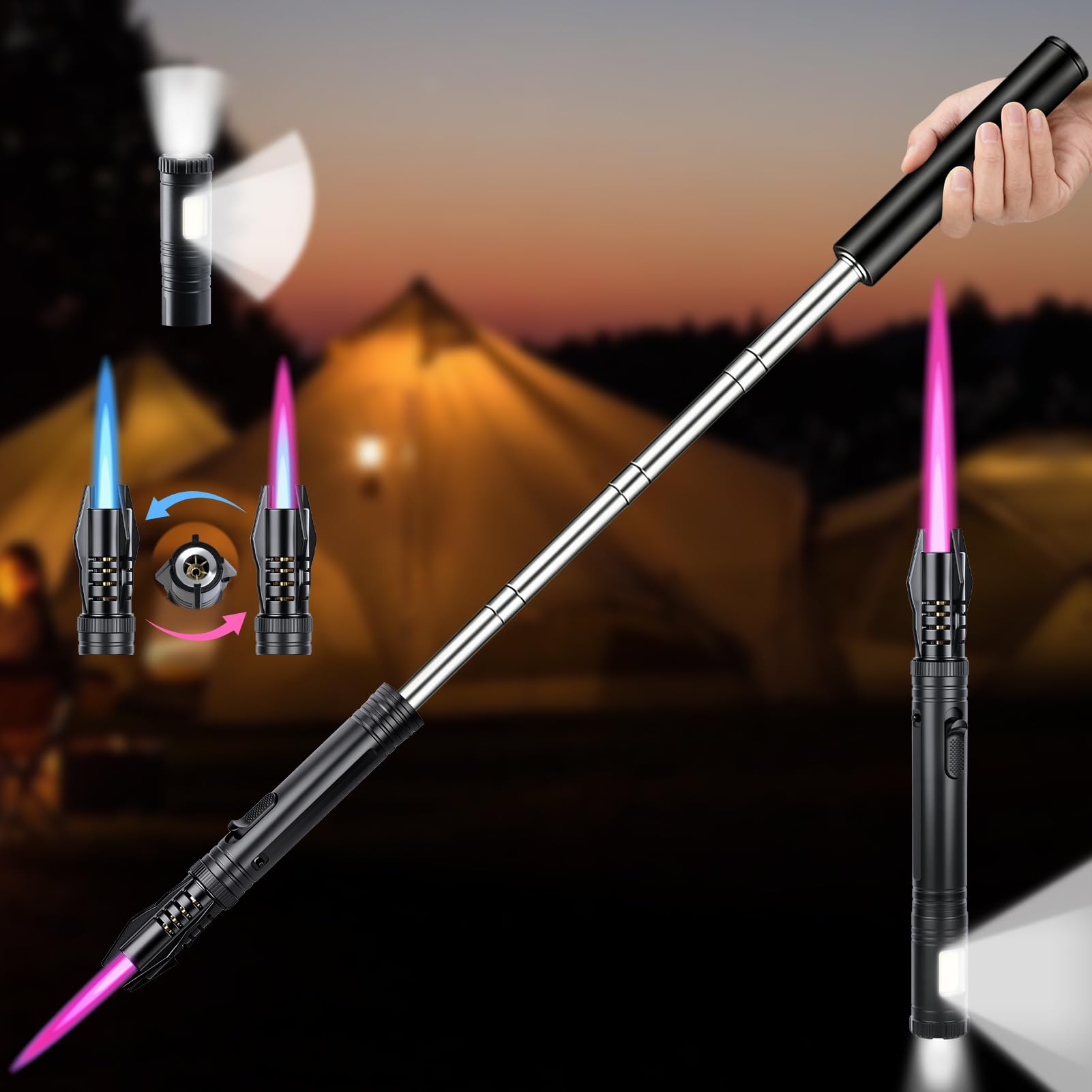 Windproof Torch Lighter Long Camping Lighter Refillable Butane Gas - 4 in 1 Extendable Lightsaber Lighter with Safety
