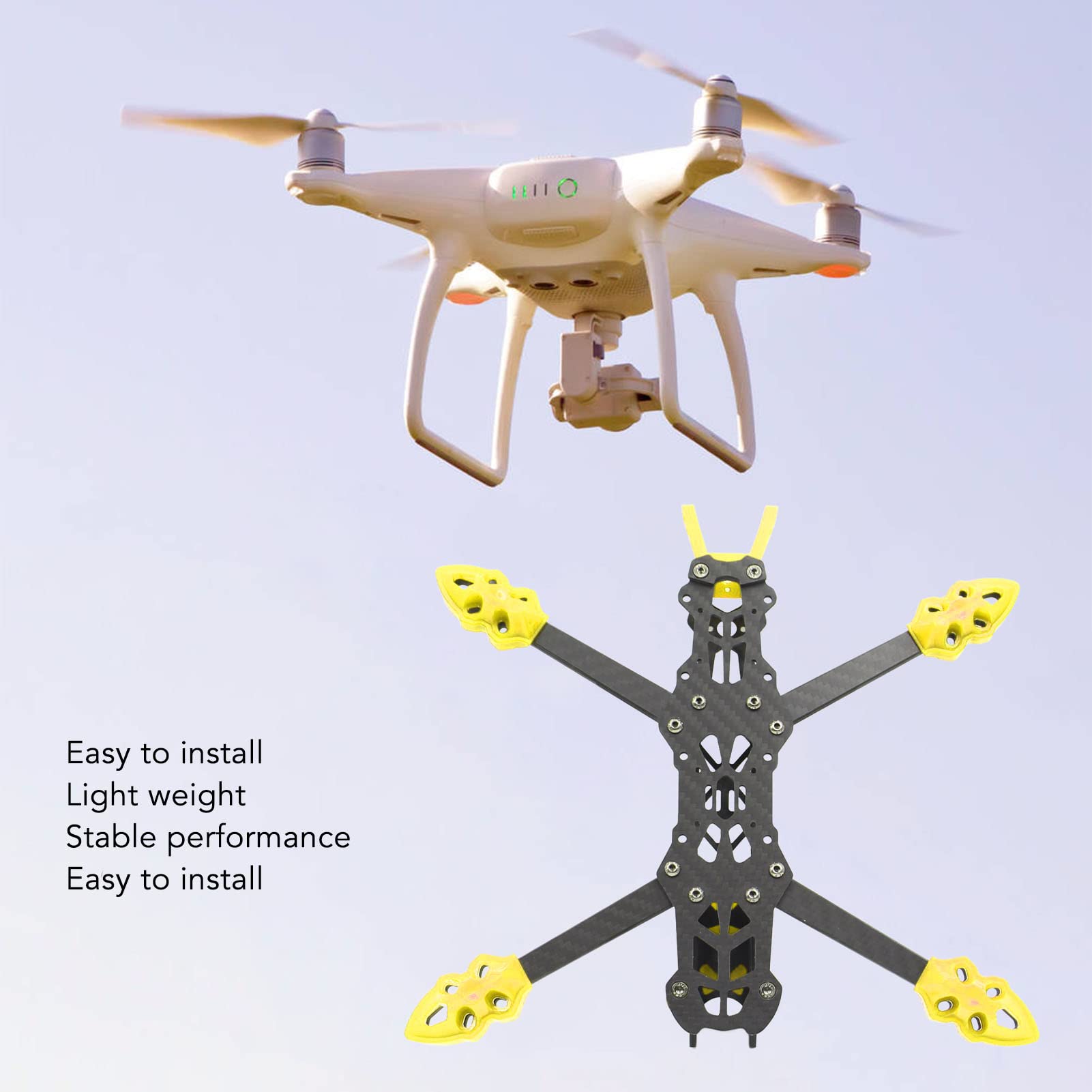 KENANLAN Quadcopter Rahmen Kit, FPV Racing Drohne Rahmen Professioneller 225mm Radstand Carbon Fiber Quadcopter Rahmen RC Drone Zubehör (Gelb)